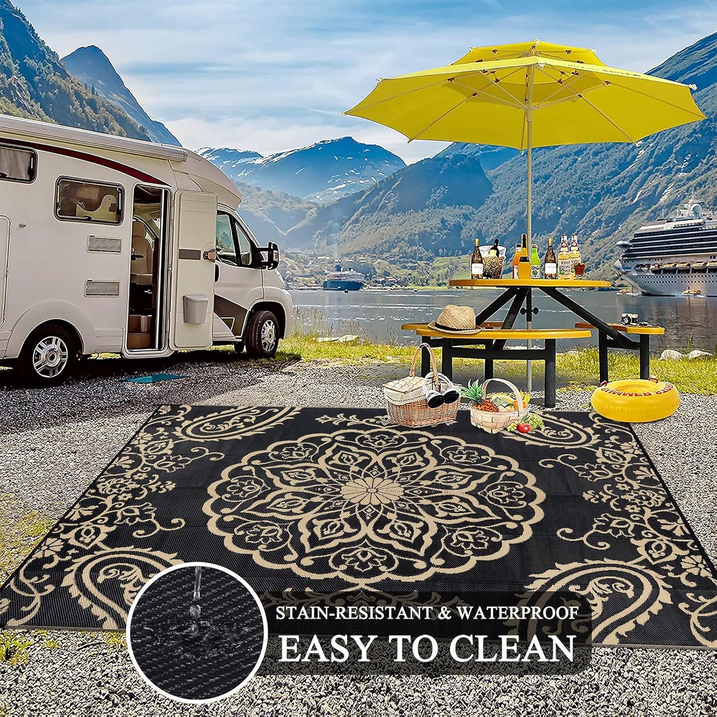 Pauwer Waterproof Outdoor Rug 8x10, Reversible Plastic Straw Patio Camping Rug, Indoor Outdoor RV Mat Carpet for Deck, Camper, Porch, Balcony, Backyard, Picnic, Boho Black Brown