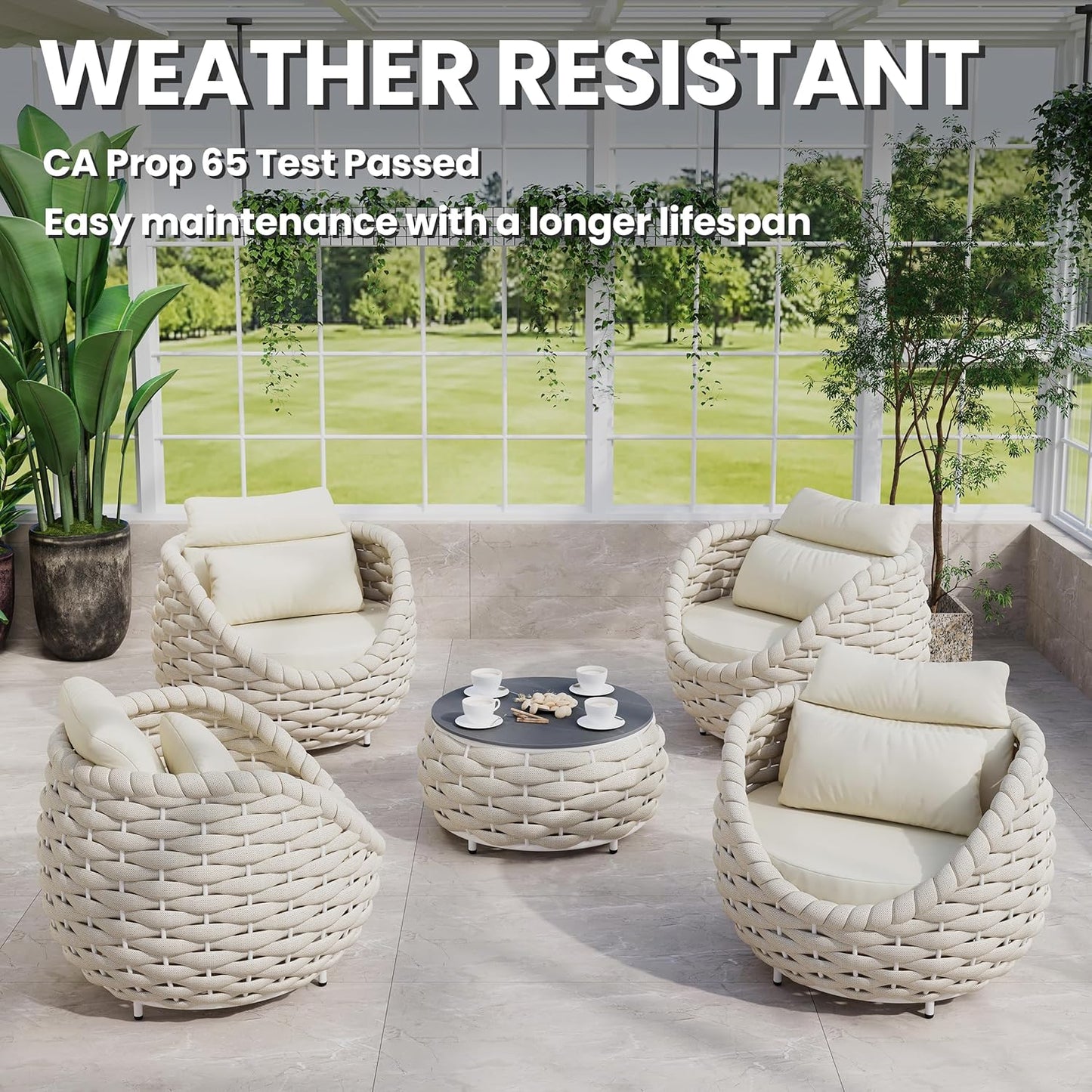 Woven Rope Patio Furniture Set: 5 Pieces Aluminum Outdoor Conversation Sofa Set All Weather - Cushioned Modern Deck Couch Set Assembled for 400lbs Front Porch Garden Lanai Sunroom Hotel, Beige