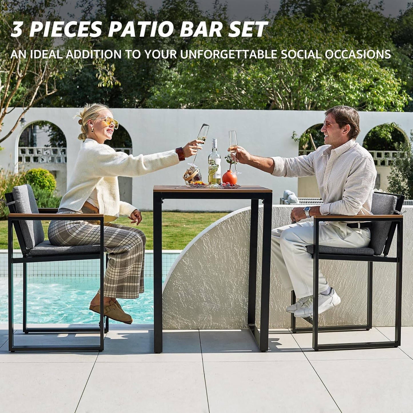 NATURAL EXPRESSIONS 3-Piece Bar Table and Chairs Set, Outdoor Bar Set with Fauxwood Armrest, Water-Resistant and Removable Cushion, All Weather Bar Height Patio Table and Chairs for Backyard, Home
