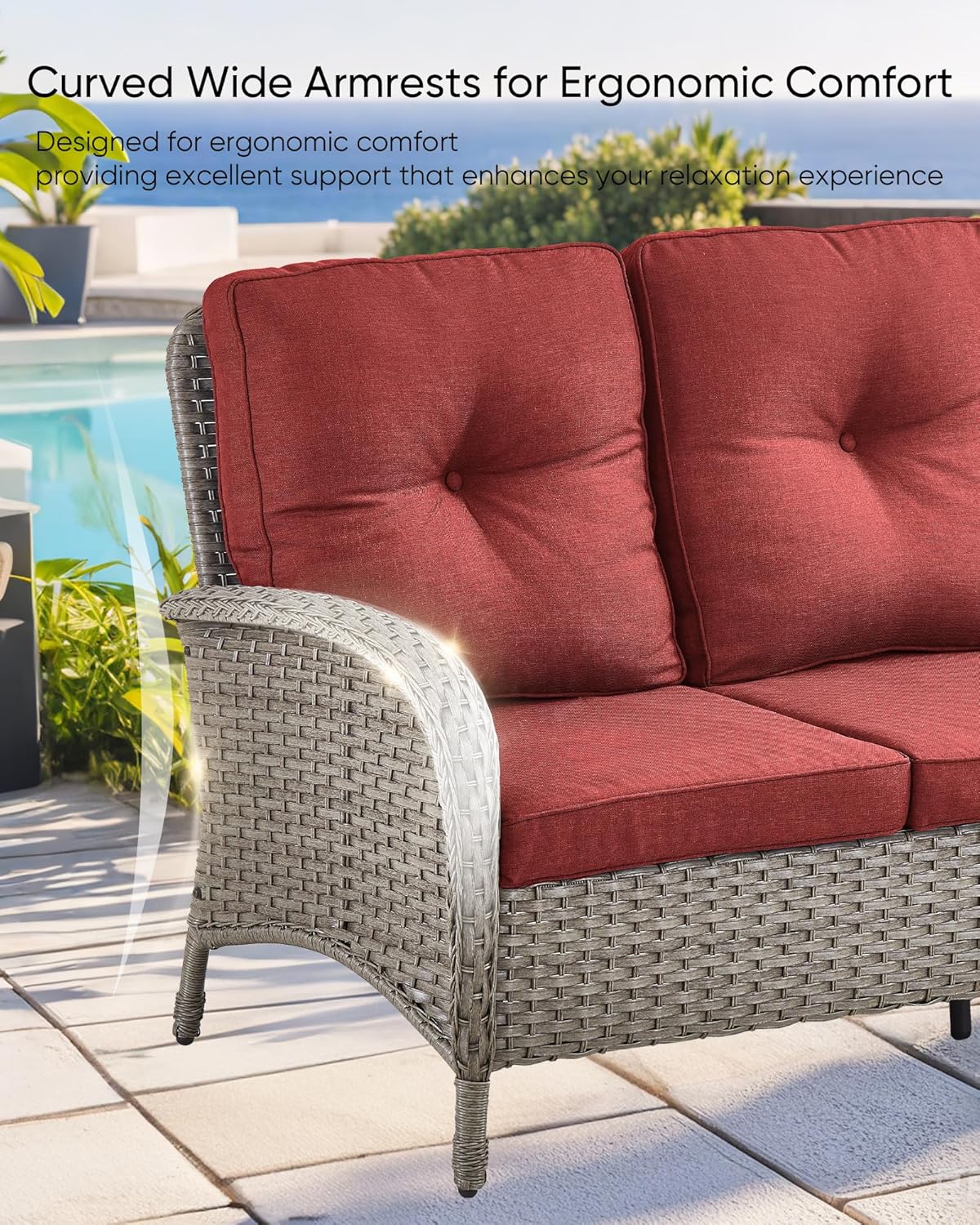 HUMMUH Outdoor Patio Couch-Outdoor Rattan Couch with Thick Cushions Outdoor Sofa for Deck Lawn Porch Balcony Poolside-Grey/Red