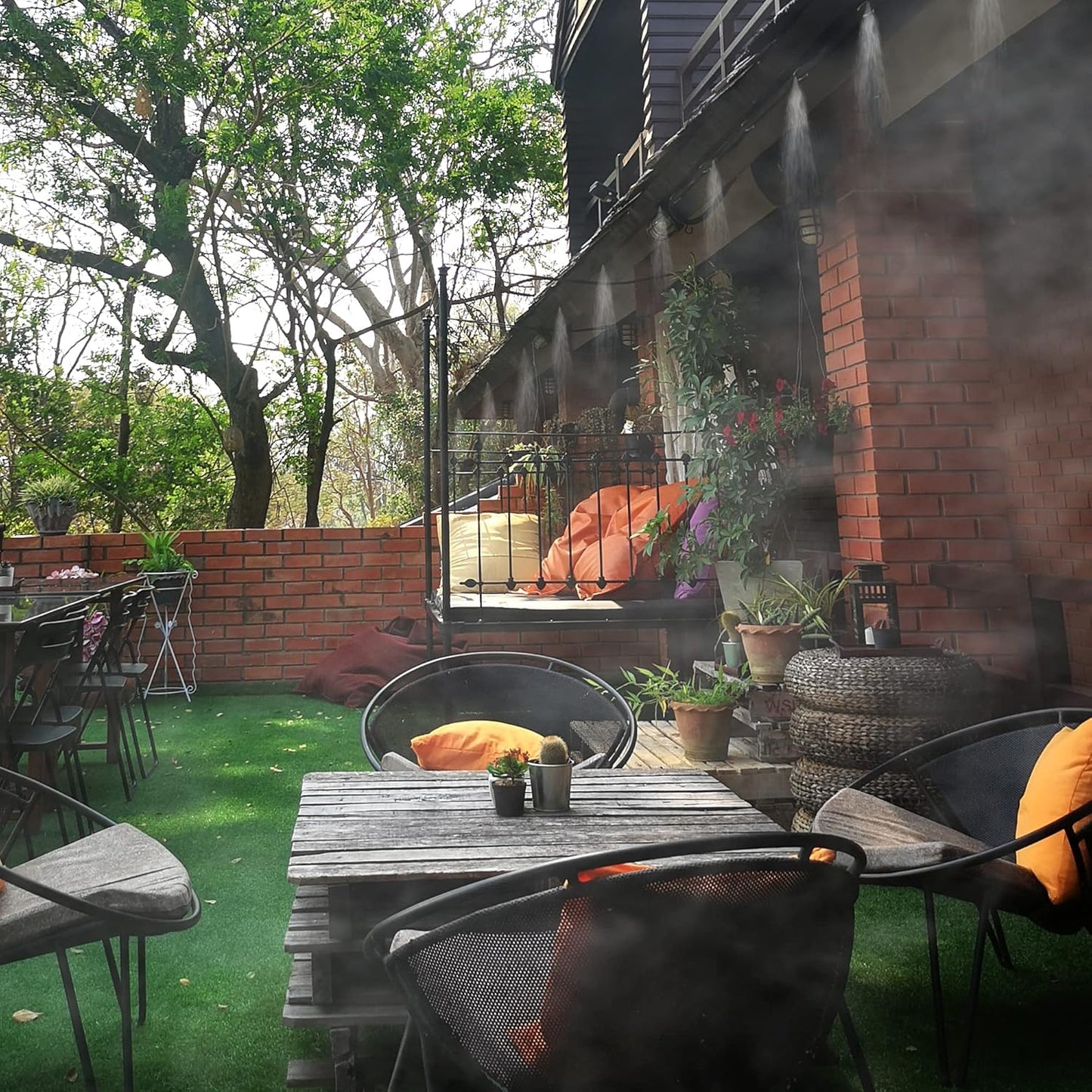 Mornajina Outdoor Misting Cooling System with Pump Kit, 65.6FT(20M) Misting Line with Filter, 26 Brass Mist Nozzles, 1 Brass Adapter (3/4"), 12V DC 60W 5L/Min, Self Priming Sprayer Water Pump