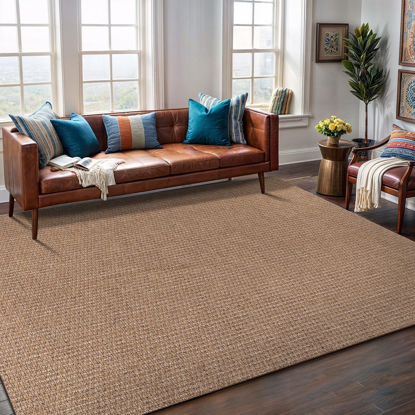 Easy Jute Rug 6x9 Indoor Outdoor Natural Rugs Solid Fiber Rug Woven Area Rug Boho Easy Clean Inside Carpet for Living Room Bedroom Dining Room Hallway or Outdoor Patio Porch (6 X 9 Natural)