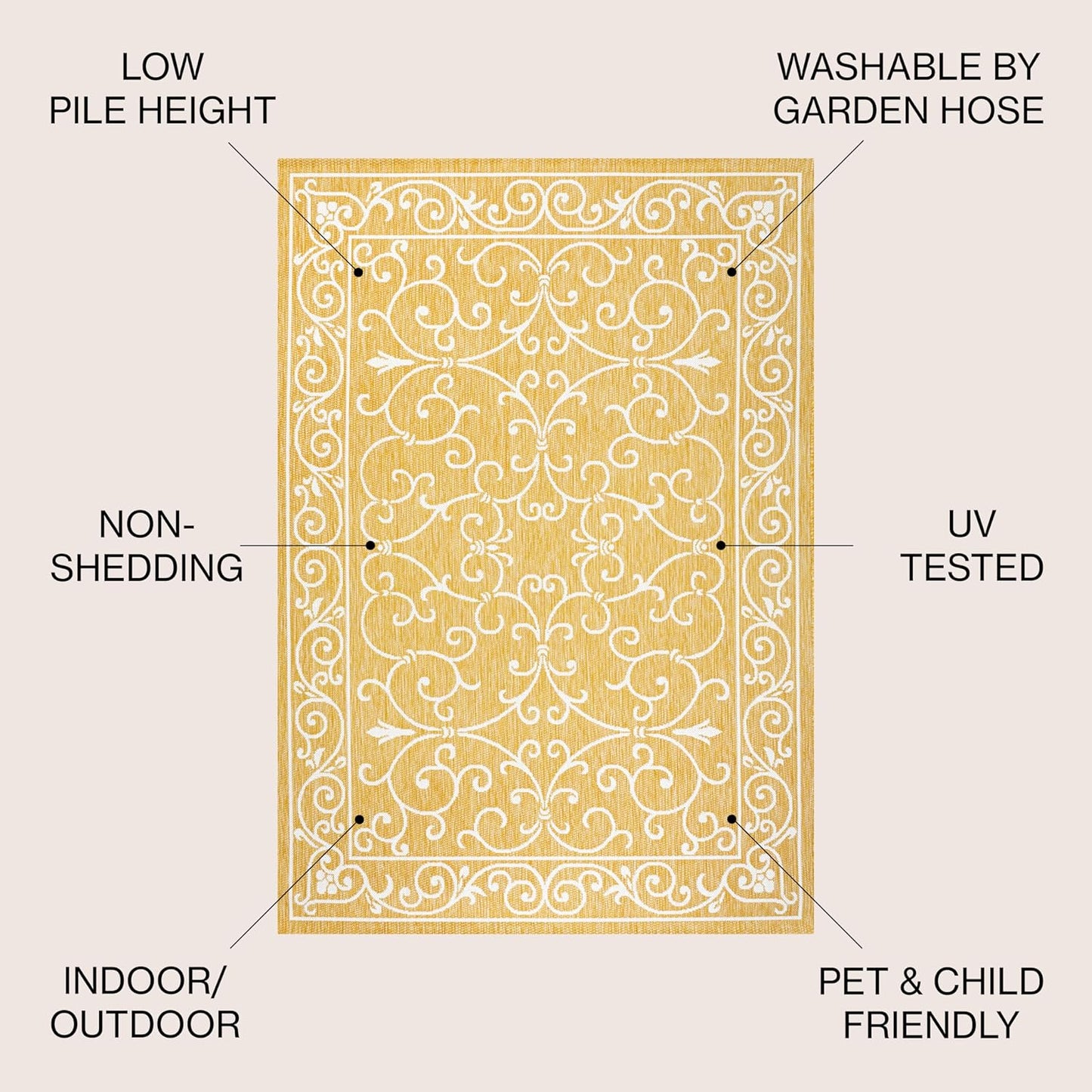 JONATHAN Y SMB106L-4 Charleston Vintage Filigree Textured Weave Indoor Outdoor Area Rug, Classic Traditional Easy-Cleaning,Bedroom,Kitchen,Backyard,Patio,Non Shedding, 4 X 6, Yellow/Cream