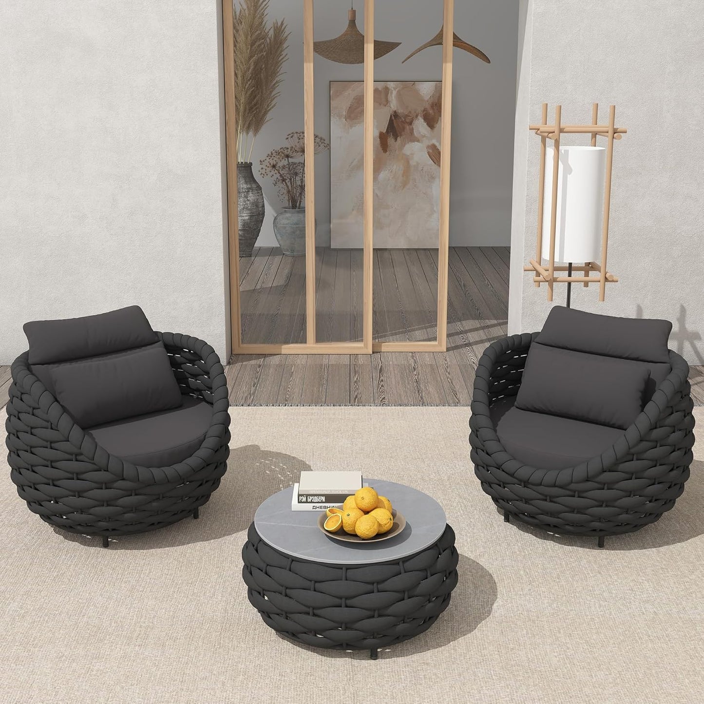 TWT 3 Pieces Aluminum Patio Furniture Set, Hand Woven Textilene Rope Outdoor Sofa Set w/Washable Cushion and Rock Slab Tabletop, Conversation Furniture for Livingroom Poolside Balcony (Dark Grey)