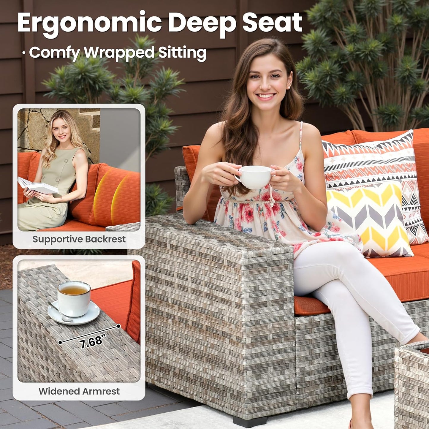 ovios 13 Pieces Patio Furniture Set, Outdoor Wicker Sectional Sofa with 54 Inch Fire Pit Table Comfy Cushions, Modern Modular Deep Seat Rattan Couch Conversation Set, Orange Red