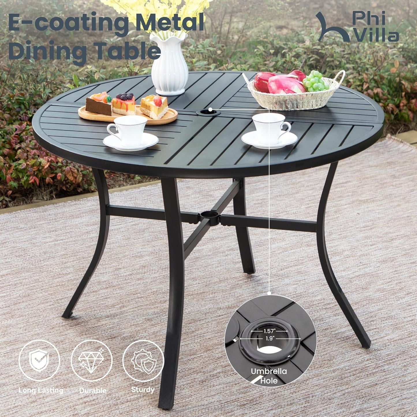 PHI VILLA Patio Dining Set 5 Piece, 4 Breathable Textilene Swivel Patio Chairs and 1 Round Metal Table with 1.57" Umbrella Hole, All Weather Resistant for Lawn Garden