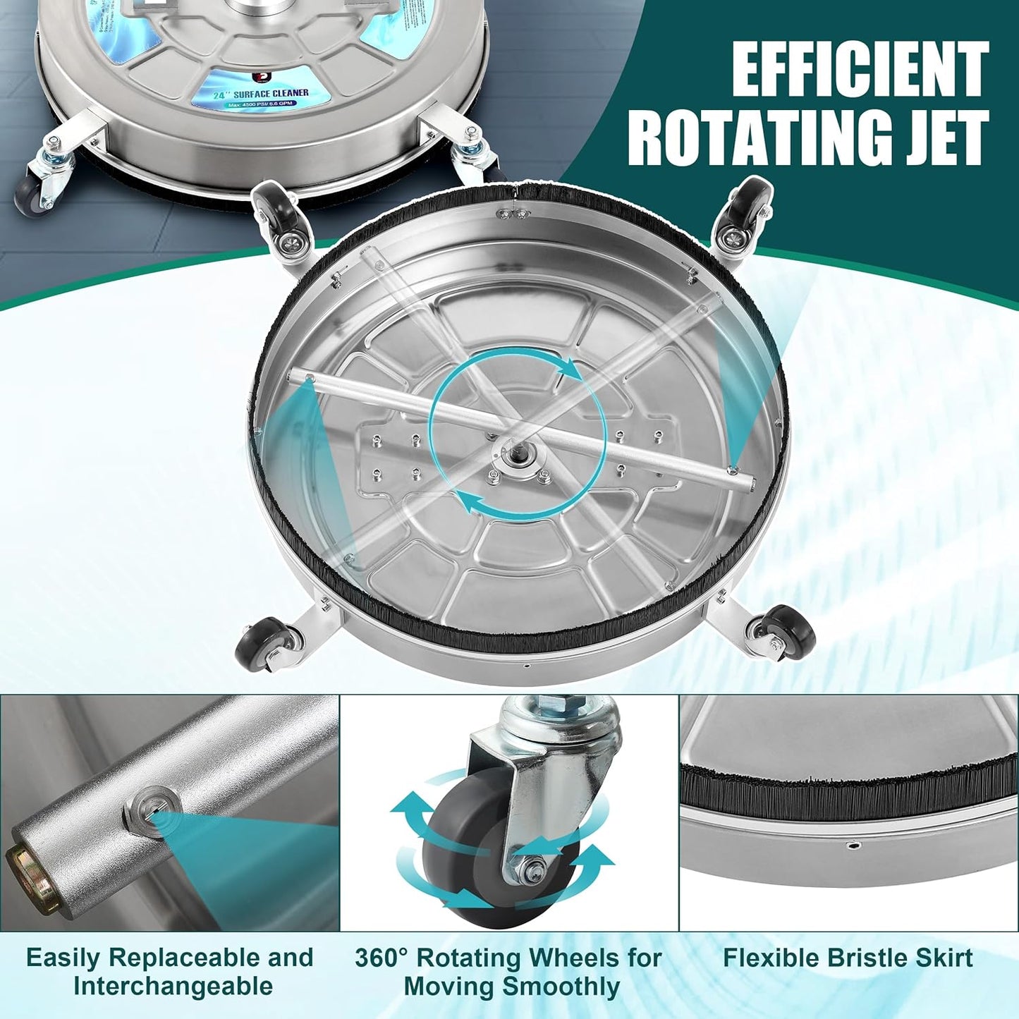 Tool Daily 24" Pressure Washer Surface Cleaner Attachment with Dual Handles, Stainless Steel Driveway Cleaner for Power Washer with Wheels, Pressure Wash Concrete, 4500 PSI