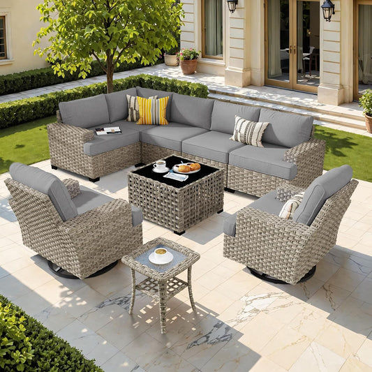 HOOOWOOO Outdoor Sectional Patio Furniture Set,9 Pieces Wicker Conversation Sets L Shaped Couch,Extra Deep Out Door Sofa Outside Furniture with Swivel Chairs,Charcoal Gray