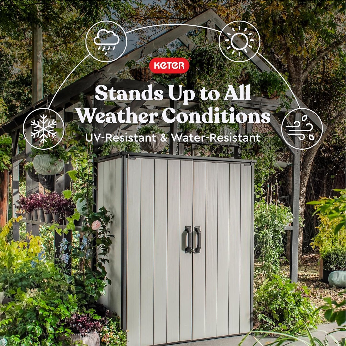 Keter Premier Tall 4.6 x 5.6 ft. Resin Outdoor Storage Shed with Shelving Brackets for Patio Furniture, Pool Accessories, and Bikes, Grey & Black