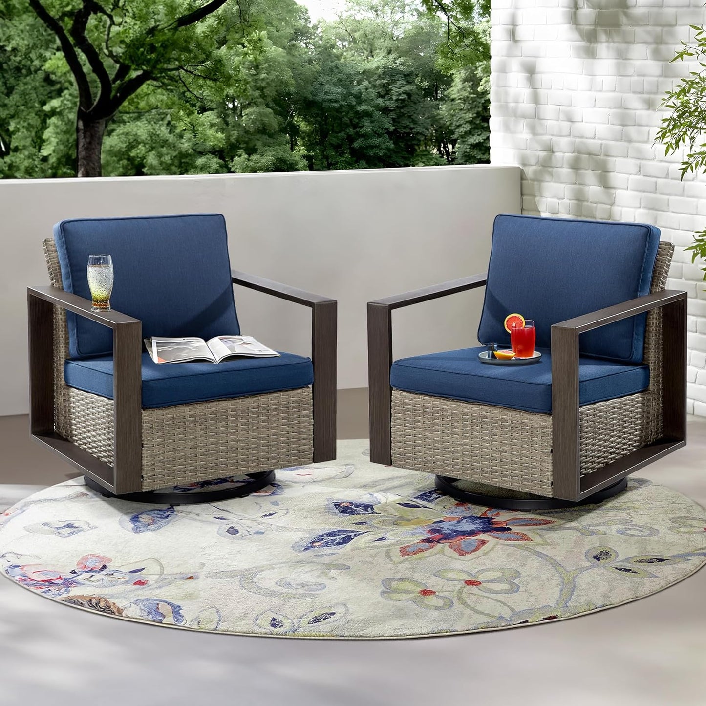 Outdoor Swivel Patio Metal Chairs Set of 2 - Porch Furniture 2 Pieces 360 Degree Glider Rockers Rattan Chairs with Washable Cushion & Metal Steel Rectangular Framed Armrest, Dark Blue