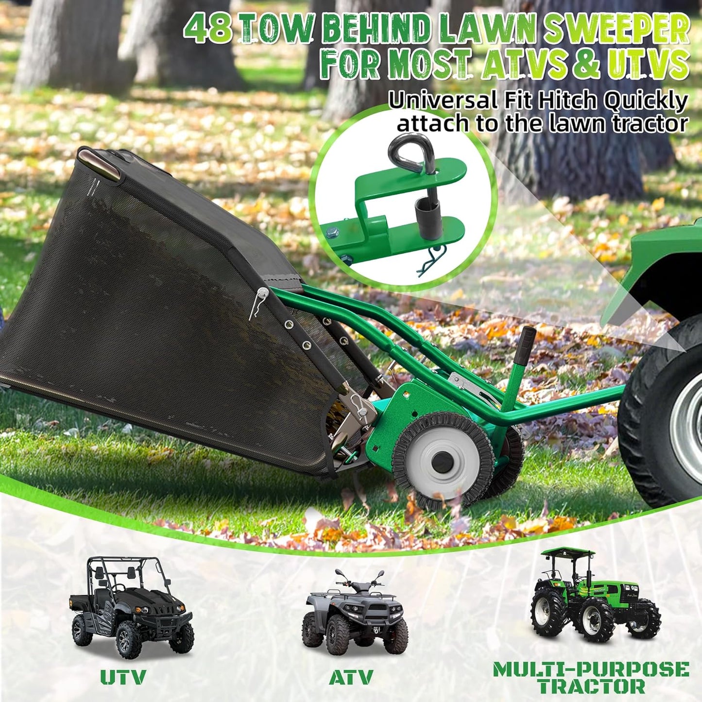 48" Lawn Sweeper Tow Behind - Pull Behind Grass Catcher with 25.16 cu. ft Large Hopper, Heavy Duty Leaf & Grass Collector, Adjustable Brush Height Lever and Dumping Rope, Lawn and Yard Cleanup Tool