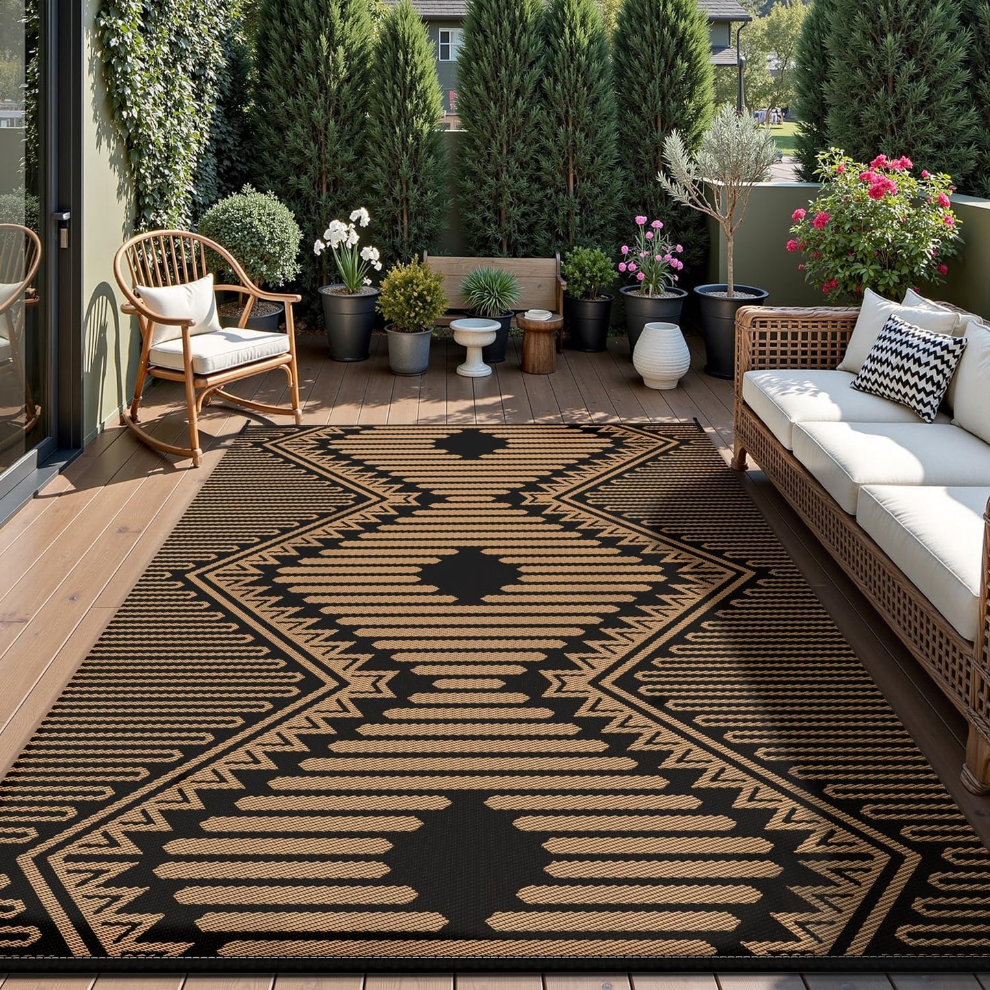 MontVoo Outdoor Rug-Waterproof Camping Rug Patio Rug Mat 6x9 Reversible Plastic Straw Outside Outdoor Rug for RV Camping Picnic Balcony Backyard Pool Deck Porch Modern Boho Black Brown