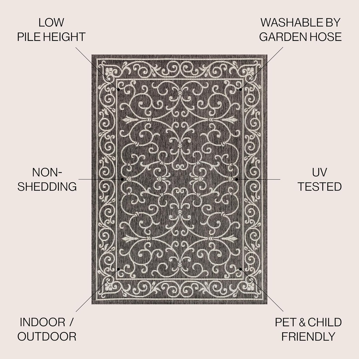 JONATHAN Y SMB106G-5 Charleston Vintage Filigree Textured Weave Indoor Outdoor Rug LivingRoom Backyard,5 X 8,Black/Gray