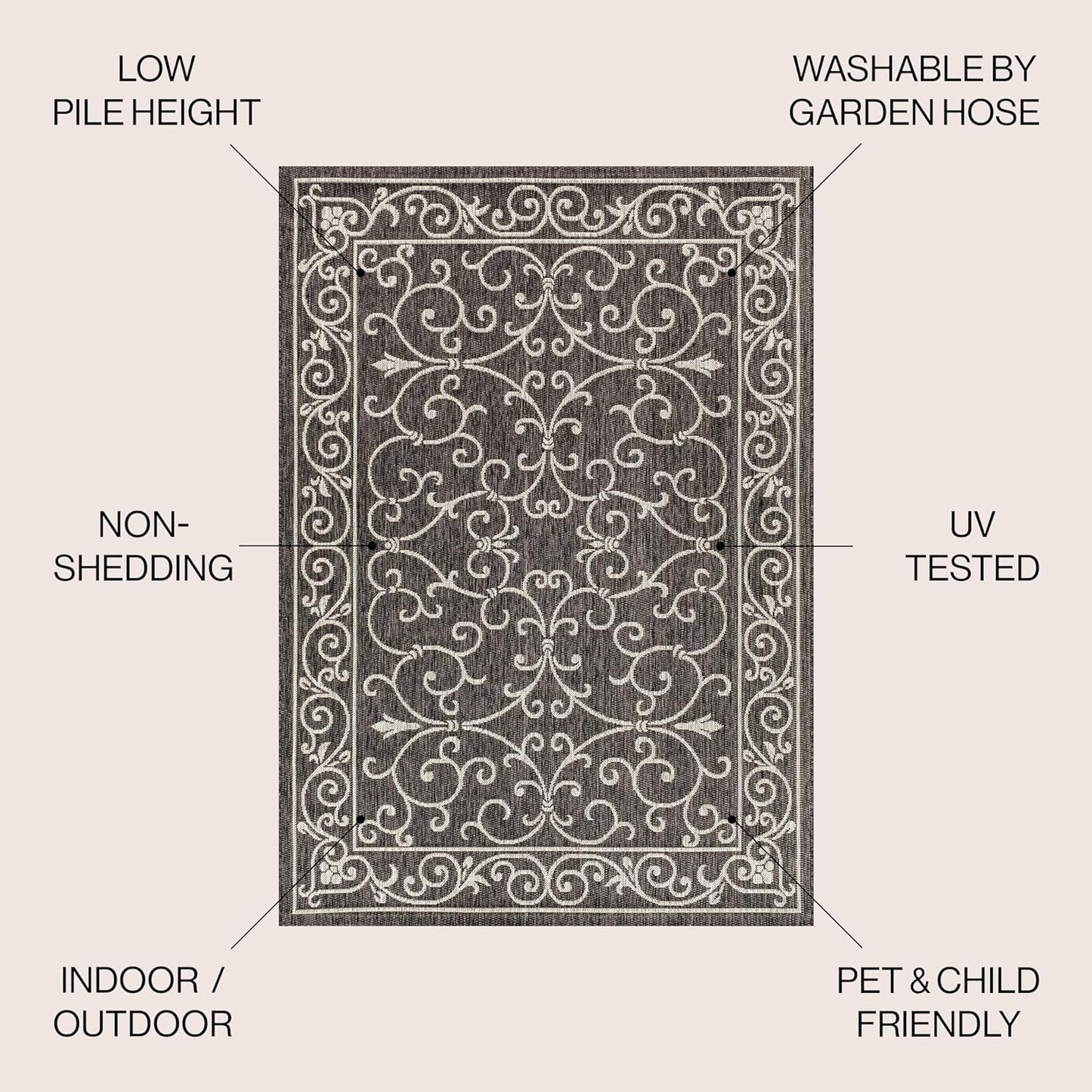 JONATHAN Y SMB106G-3R Charleston Vintage Filigree Textured Weave Black/Gray 3' Round Indoor/Outdoor Area Rug, Pet Friendly, Non-Shedding, Stain Resistant, Easy-Cleaning for Backyard, Patio, Porch