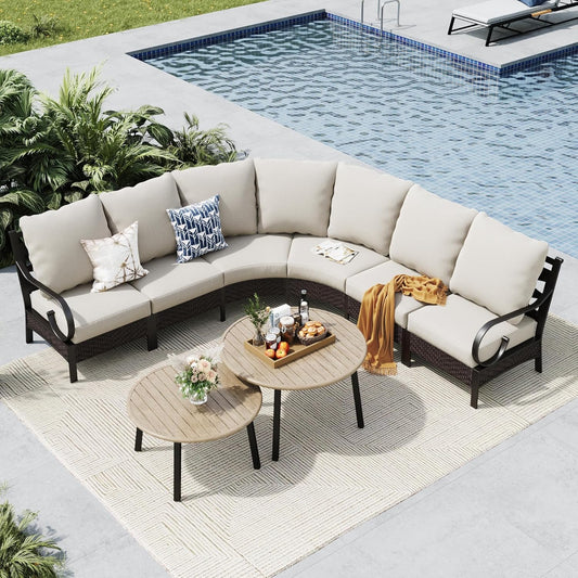 MFSTUDIO Patio Furniture Set, 6 Seats Half-Moon Curved Outdoor Sectional Sofa Conversation Set with 2 Wood-Like Round Table, Woven Rattan Patio Couch for Backyard, Garden, Deck