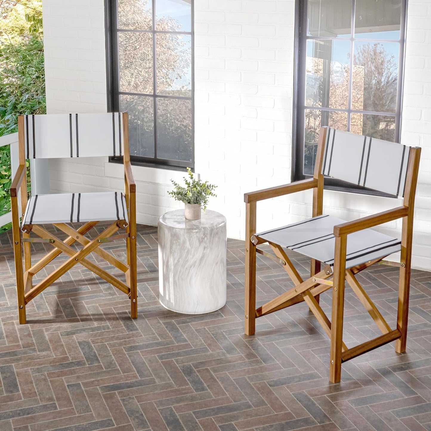 JONATHAN Y DRC1001B-SET2 Cukor Classic Vintage Outdoor Acacia Wood Folding Director Chair with Canvas Seat Mid-Century, Modern, Traditional, Classic, Coastal, White/Black Stripe/Teak Brown (Set of 2)