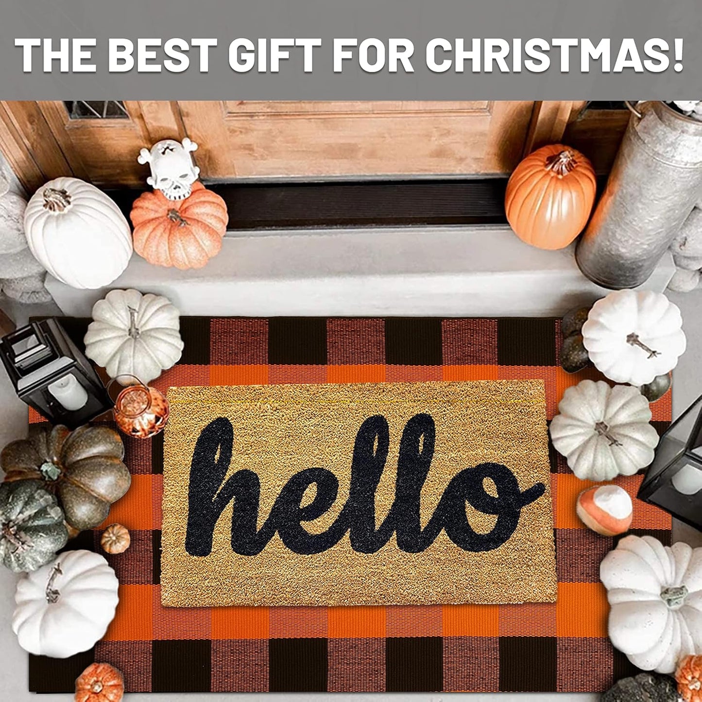 IOHOUZE Fall Buffalo Plaid Check Rug Outdoor Doormat 27.5 x 43 Inches Washable Woven Outdoor Indoor Welcome Mats for Front Door/Farmhouse/Entryway/Home Entrance Black and Orange Outdoor Rug