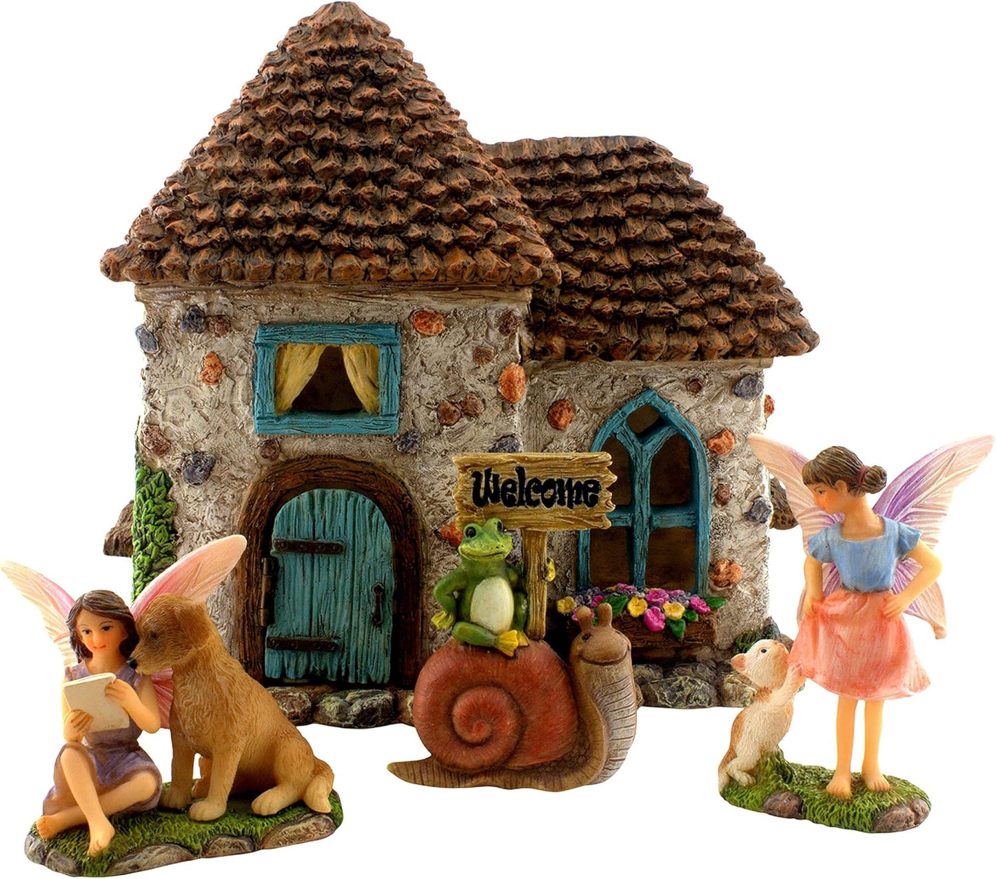 PRETMANNS Fairy House Kit - Fairy Garden Accessories for Outdoor Miniature Village Decor, with Fairies & Sign - House, 6.5' High & Door can Open Wide - 4 Piece Supplies