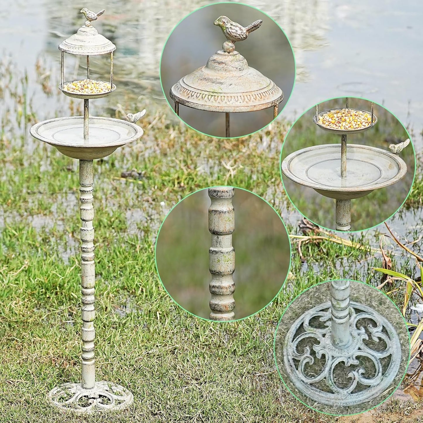 44.5" H Outdoor Metal Bird Bath Combo, Metal Bird Bath Bowl and Bird Feeder 2 in 1 Garden Yard Decoration