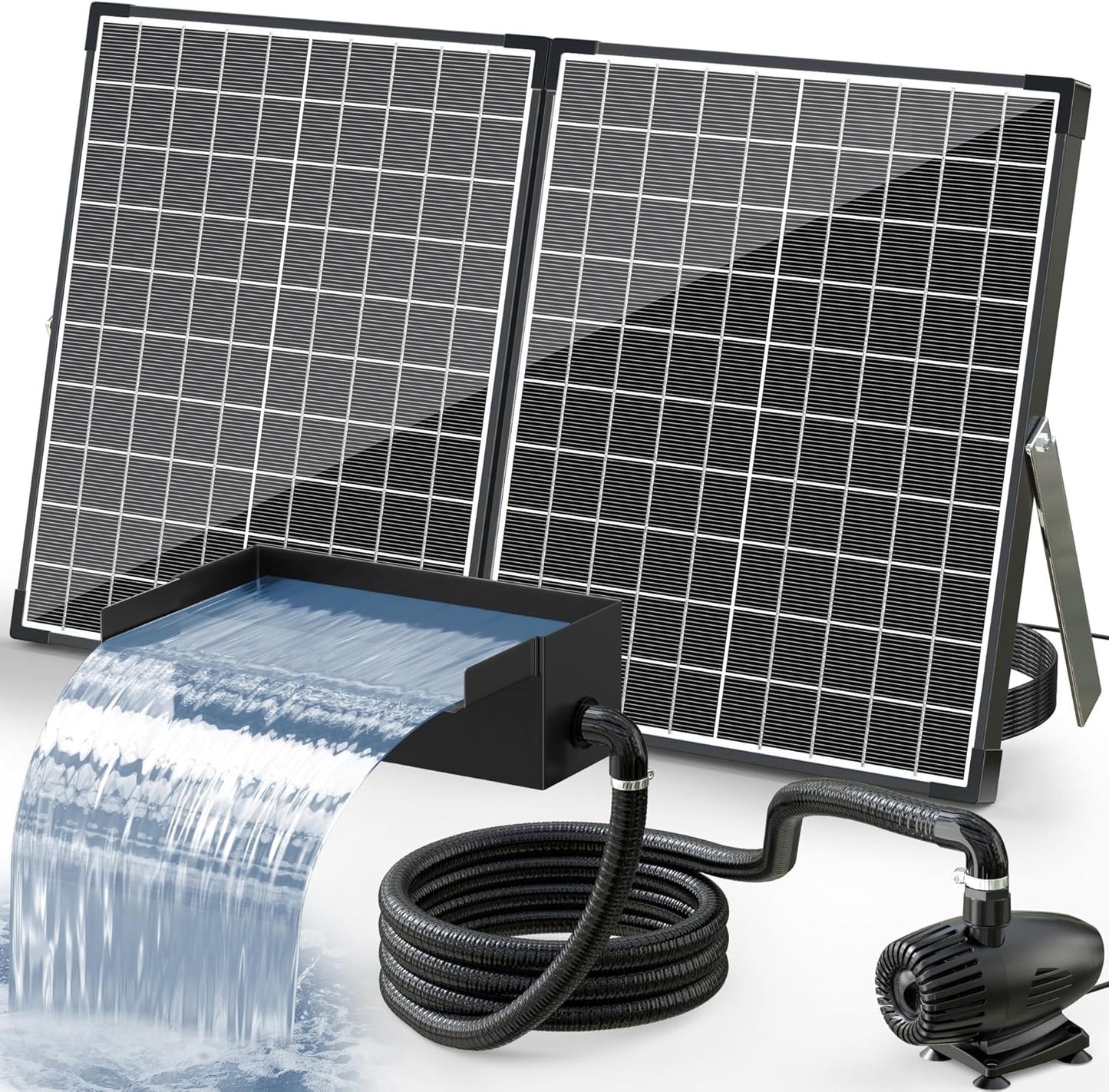 POPOSOAP 55W Solar Fountain Pump with Pond Waterfall Box, 304 Stainless Steel Pond Waterfall Spillway, Pond Spillway with 9.8FT PU Corrugated Tubing for Garden Waterfall,Water Features-P5552