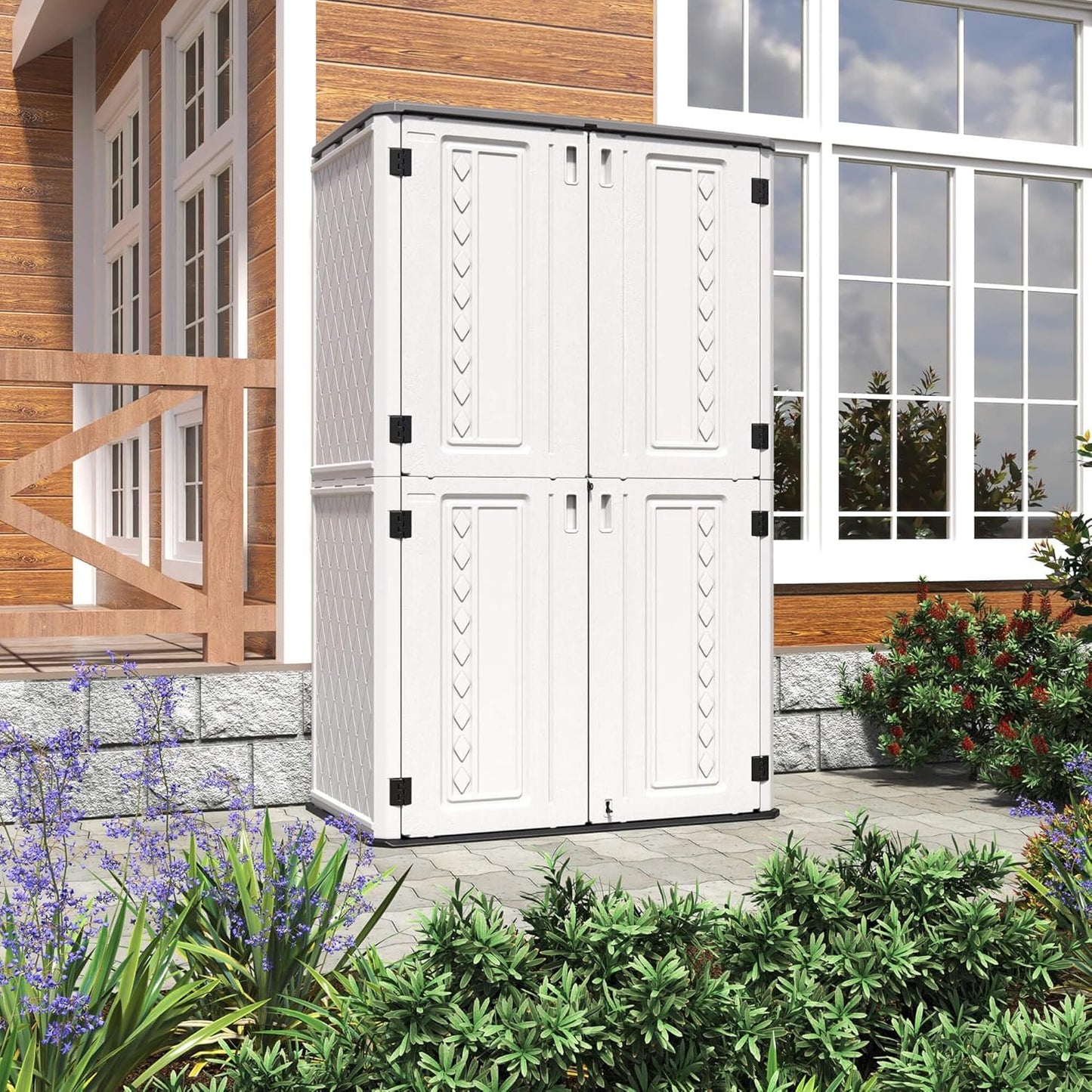 HOMSPARK Storage Shed Weather Resistance, Multi-Purpose Outdoor Storage Cabinet Waterproof, Outdoor Storage Cabinet for Garbage Cans, Lawnmower, Garden Accessories (Off White, Tall shed-53 cu ft)