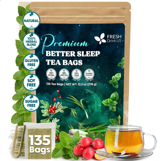FreshDrinkUS, Premium 135 Tea Bags Better Sleep Herbal Tea | Caffeine-Free Loose Leaf Blend with Spearmint Leaves, Lemongrass Leaves, and Hawthorn Berry – Naturally Refreshing and Aromatic.