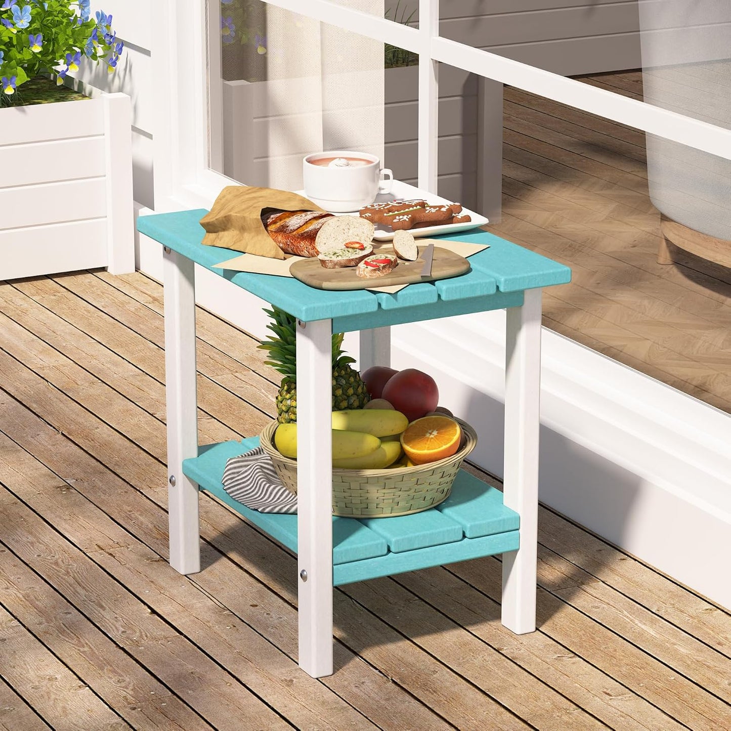 Outdoor Side Table, 16 Inch Square Patio Table, All Weather Porch Table for Balcony, Backyard, Lawn, Indoor Outdoor Companion (Aruba Blue & White)