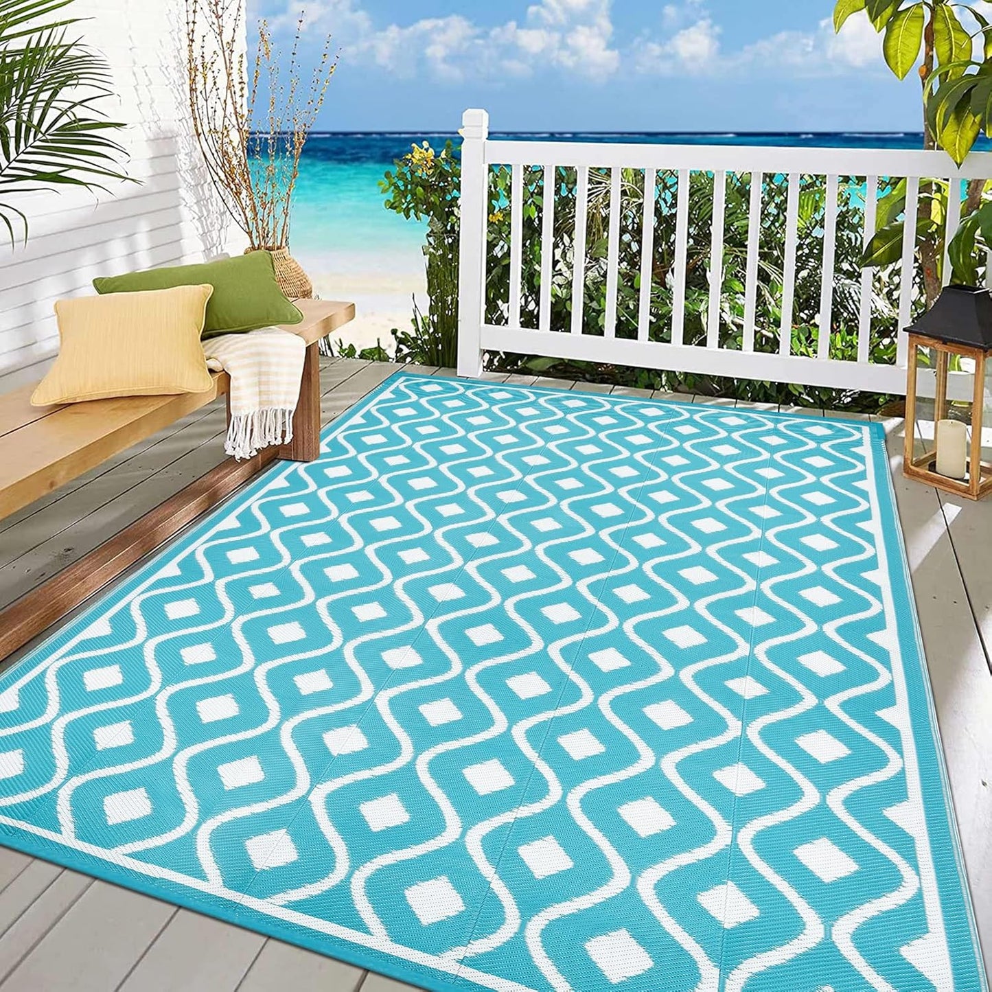 Pauwer Waterproof Outdoor Rug 9x12, Reversible Plastic Straw Patio Camping Rug, Indoor Outdoor RV Mat Carpet for Deck, Camper, Porch, Balcony, Backyard, Picnic, Geometric Teal