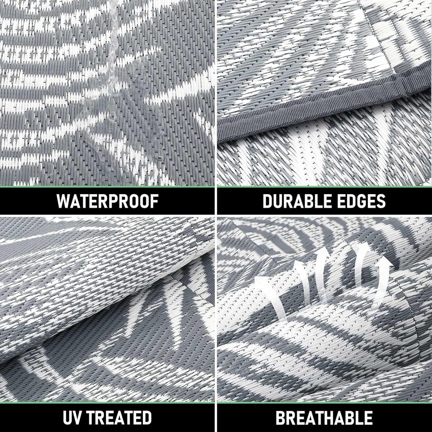 Outdoor Rug 10'x8' Waterproof for Patios Clearance, Reversible Outdoor Plastic Straw Rug Camping Carpet, Outside Floor Mats Large Area Rugs for RV,Patio,Deck,Porch,Beach,Balcony,Grey&White