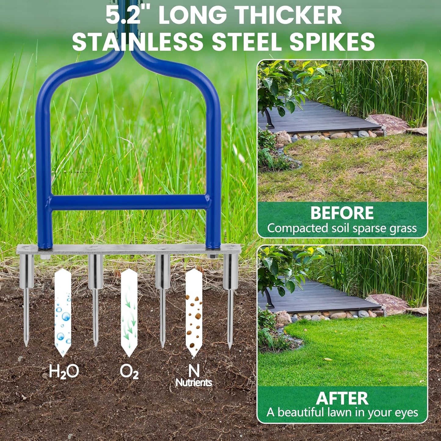Spike Tine Fork Lawn Aerator - Four 5.2'' Stainless Steel Spikes Manual Gardening Hand Tool - Grass Dethatcher Aerator Lawn Tool with Solid Tines for Compacted Soil - Lawn Plugger Aerator