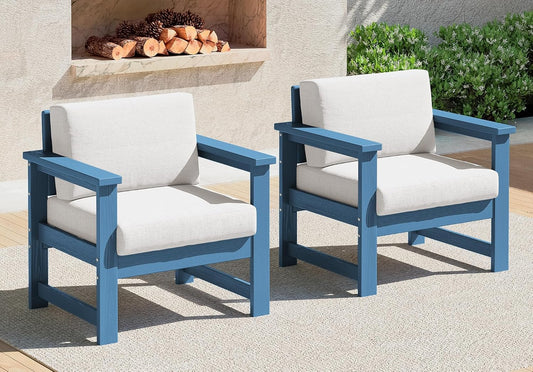 SERWALL 2 Pieces Single Cushioned Lounge Chair, Blue HDPE Outdoor Adirondack Sofa Armchair with Khaki Cushion