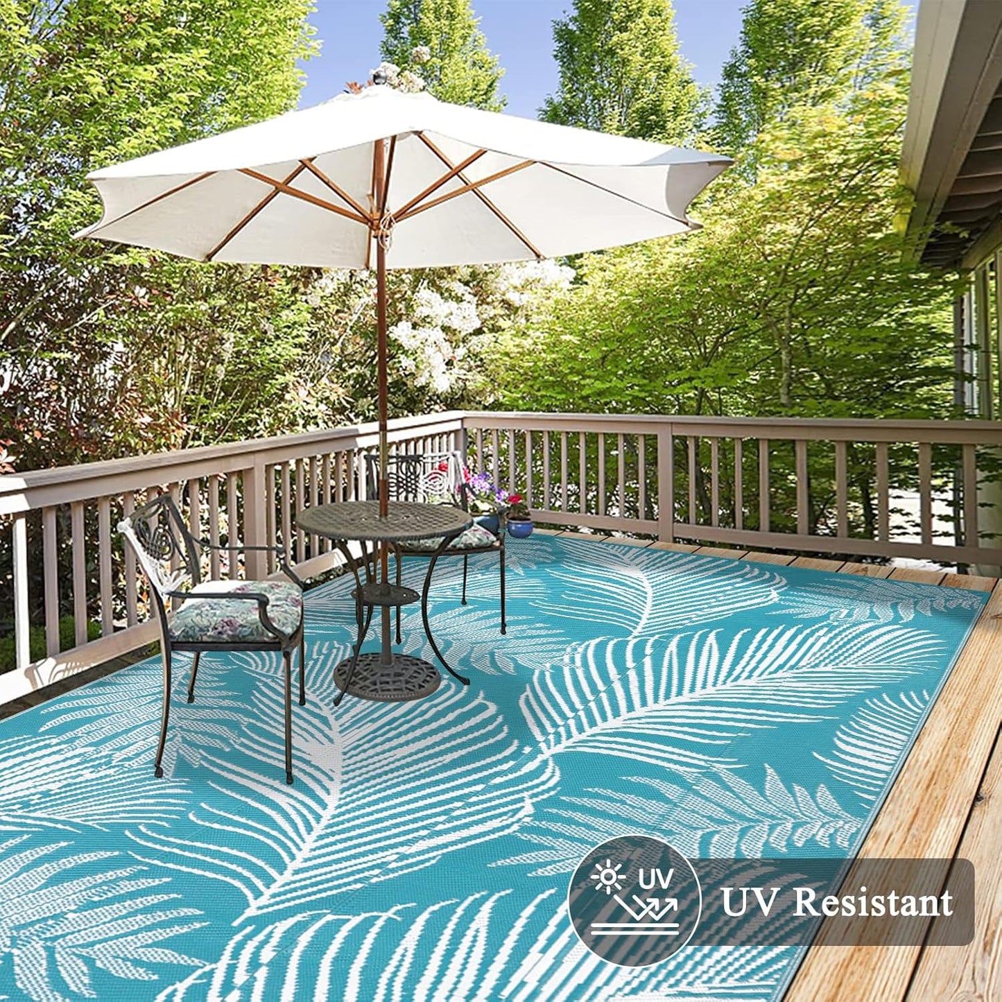 Pauwer Waterproof Outdoor Rug 6x9, Reversible Plastic Straw Patio Camping Rug, Indoor Outdoor RV Mat Carpet for Deck, Camper, Porch, Balcony, Backyard, Picnic, Leaf Teal