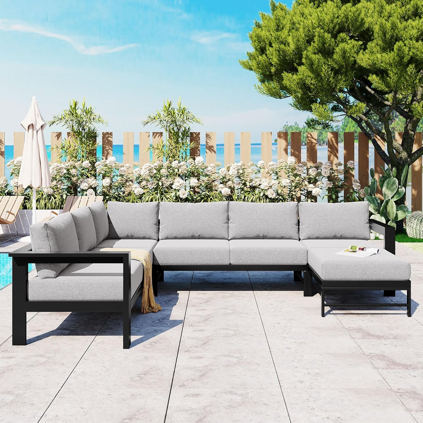 Multi-Person Outdoor Sofa Set, U-Shaped Aluminum Outdoor Sofa Set with Thick Cushions and Backrests, Modular Patio Sofa Set for Gardens, Backyards, and Balconies (Grey * 069)
