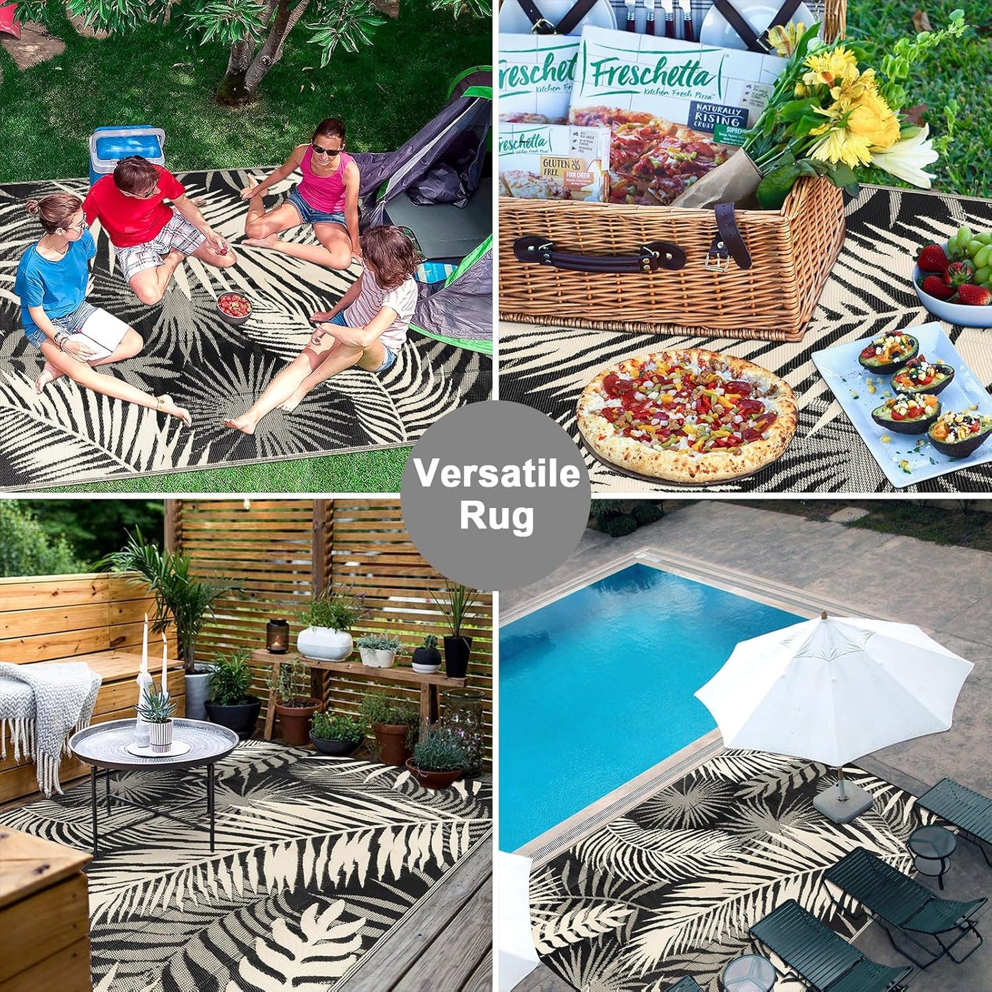 Outdoor Rug Waterproof for Patios Clearance, Reversible Outdoor Plastic Straw Rug Camping Carpet, Outside Floor Mats Large Area Rugs for RV,Patio,Deck,Porch,Beach, Balcony，8'x10',Black&Beige