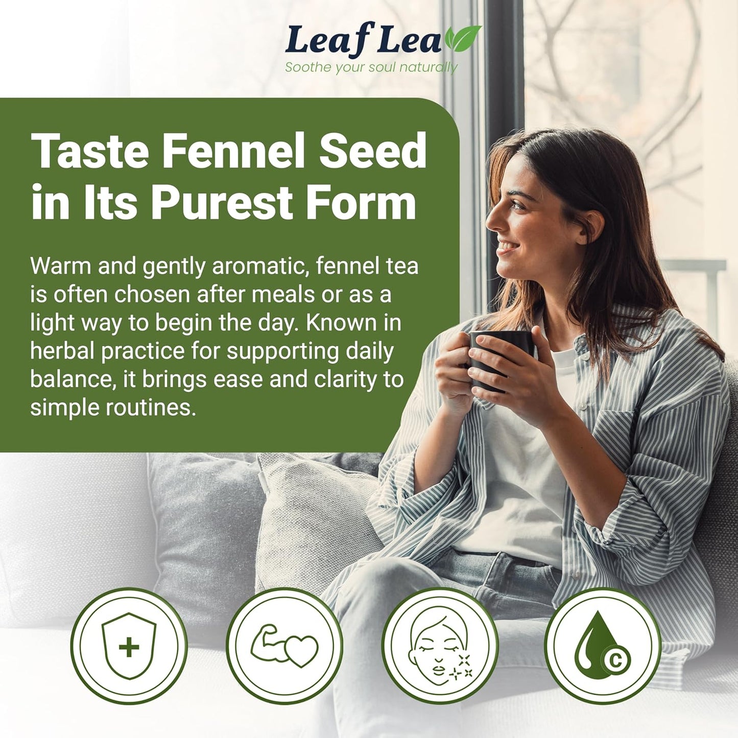 LeafLea 80 Premium Fennel Tea Bags, Pure Dried Fennel Seed Tea, Daily Ease & Balance, Naturally Sweet Taste, Caffeine-Free, Sugar-Free, Non-GMO, Vegan, Individually Wrapped