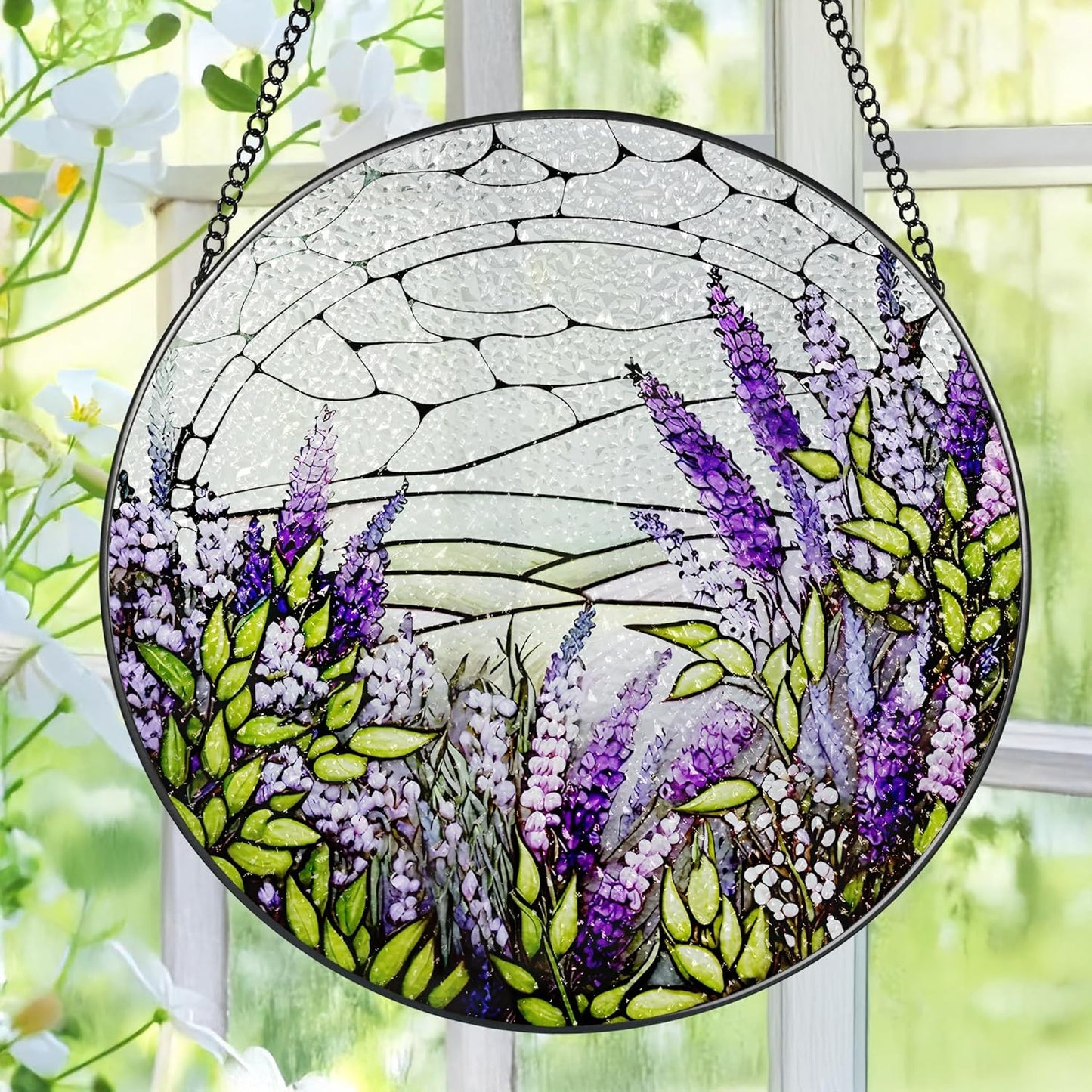 Lavender Flower Stained Glass Suncatcher, Stained Glass Window Hanging, 8 Inch Green Plants Suncatcher Decor for Birthday for Women, Wife, Lovers, Mom, Grandma, Gift Idea