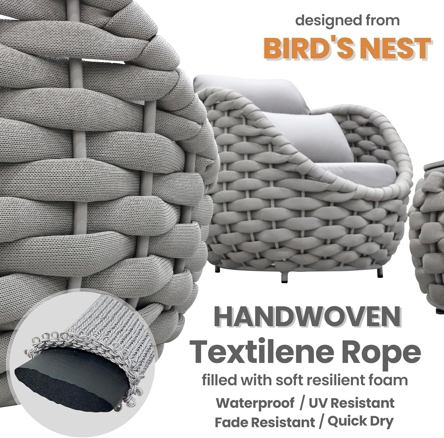 Aluminum Outdoor Patio Couch Set: 5 Pieces Woven Rope Porch Furniture Sofa Set - Metal Modern Deck Conversation Set - All Weather Assembled Courtyard Seating for Backyard Pool Hotel Resort, Grey