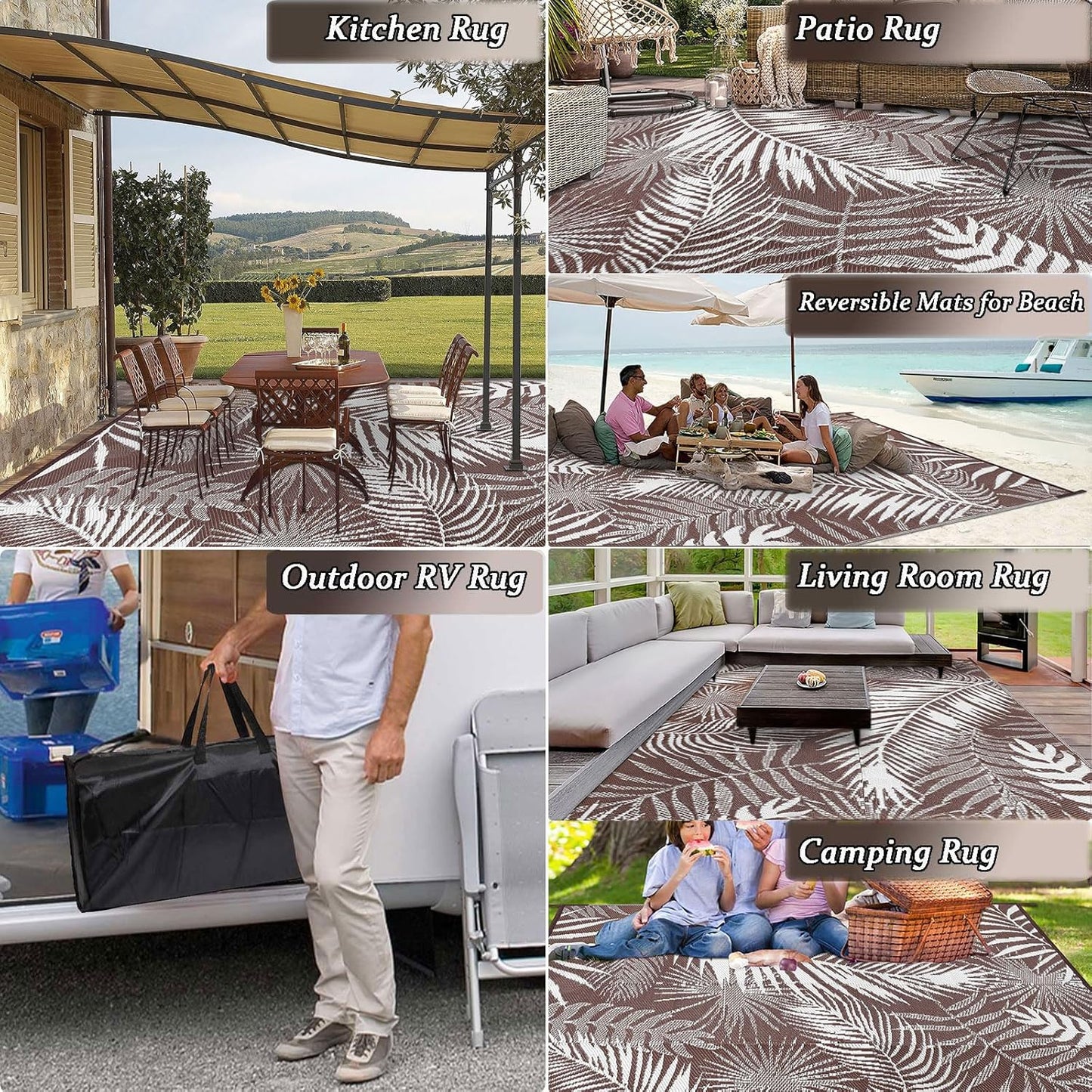 Outdoor Rug Waterproof for Patios Clearance, Reversible Outdoor Plastic Straw Rug Camping Carpet, Outside Floor Mats Large Area Rugs for RV,Patio,Deck,Porch,Beach,Balcony，10'x8',Brown&White
