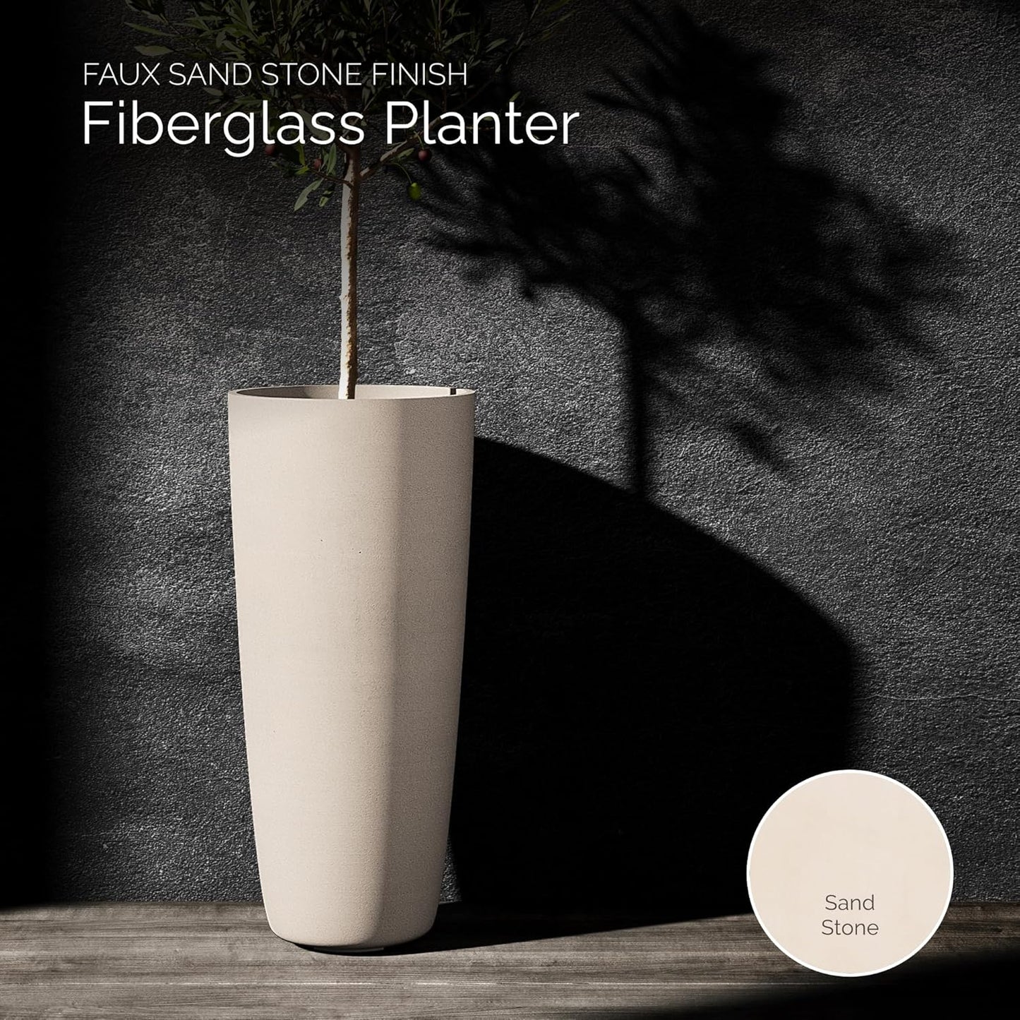 Lofto Tall Planter – Sand Stone Finish – Fiberglass Indoor/Outdoor and Weather-Resistant Large Planter (16.5" D x 36.4" H Exterior, 15.3" D x 36.2" H Interior)