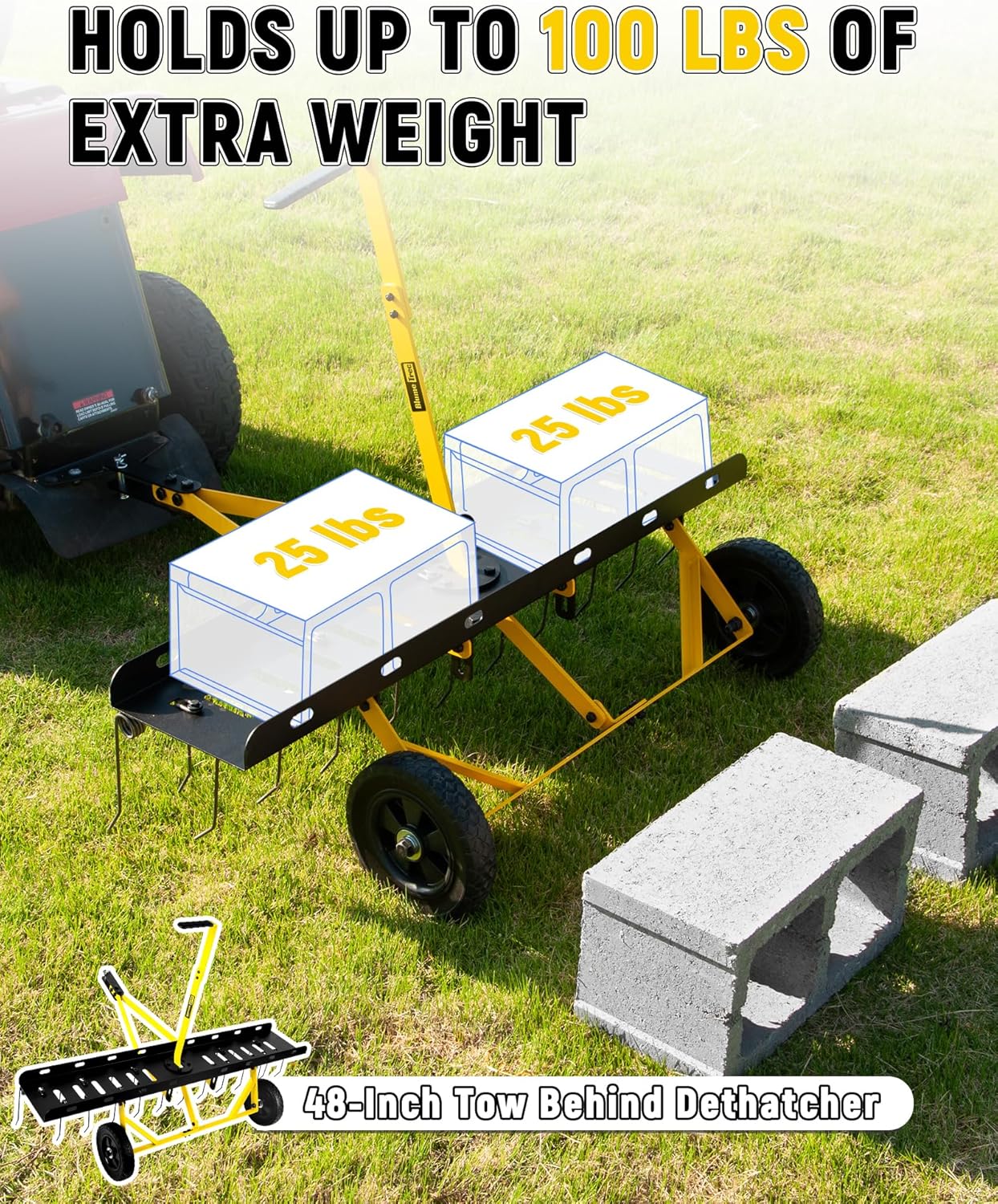 48 Inch Tow Behind Dethatcher, Pull Behind Lawn Dethatcher with 24 Spring Steel Tines, Grass Dethatcher, Removes Thatch, Riding Lawn Tractor for Large Lawns, Yard and Garden Care