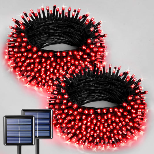JMEXSUSS 2 Pack Red Solar Lights Outdoor Waterproof, Total 400 LED 151FT Red Halloween Lights, 8 Modes Solar Christmas String Light for Outside Yard Patio Garden Tree Decorations