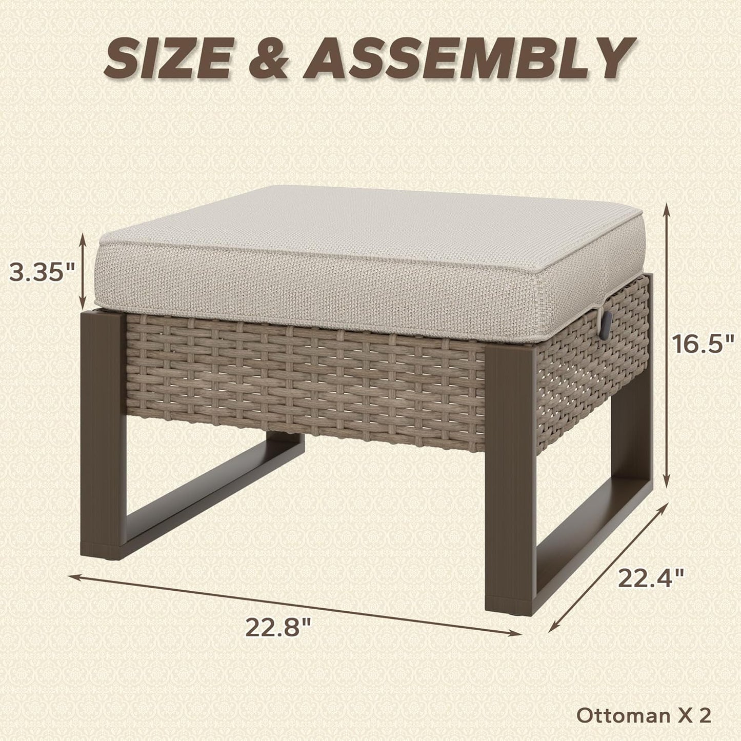 Patio Metal Wicker Ottoman Set of 2, Outdoor PE Rattan Footstools with Removable Cushions & Wood Looking Metal Steel Framed Legs for Garden Backyard Porch Deck, Beige