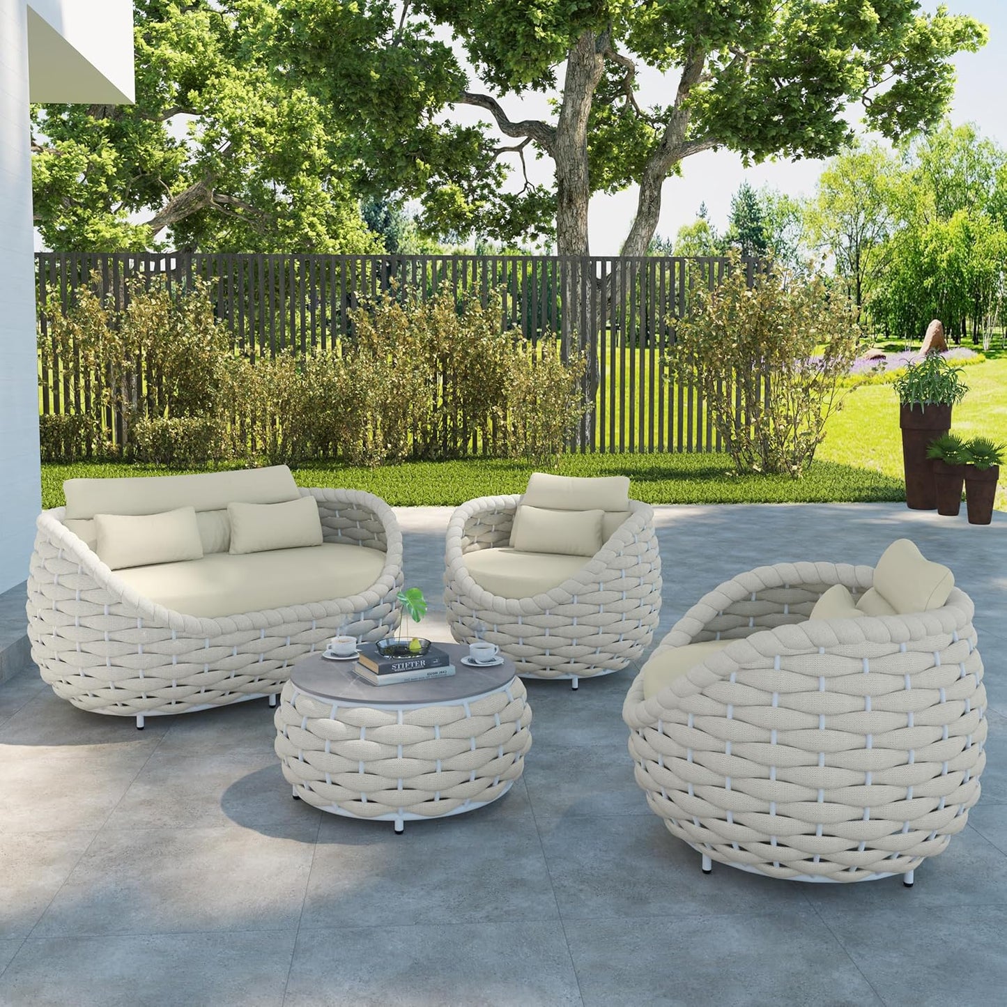 5-Piece Aluminum Patio Furniture Set, Olefin Rope Modern Outdoor Conversation Set Sectional Sofa with Water Repellent Thick Cushions and Coffee Table for Balcony, Garden, Beige