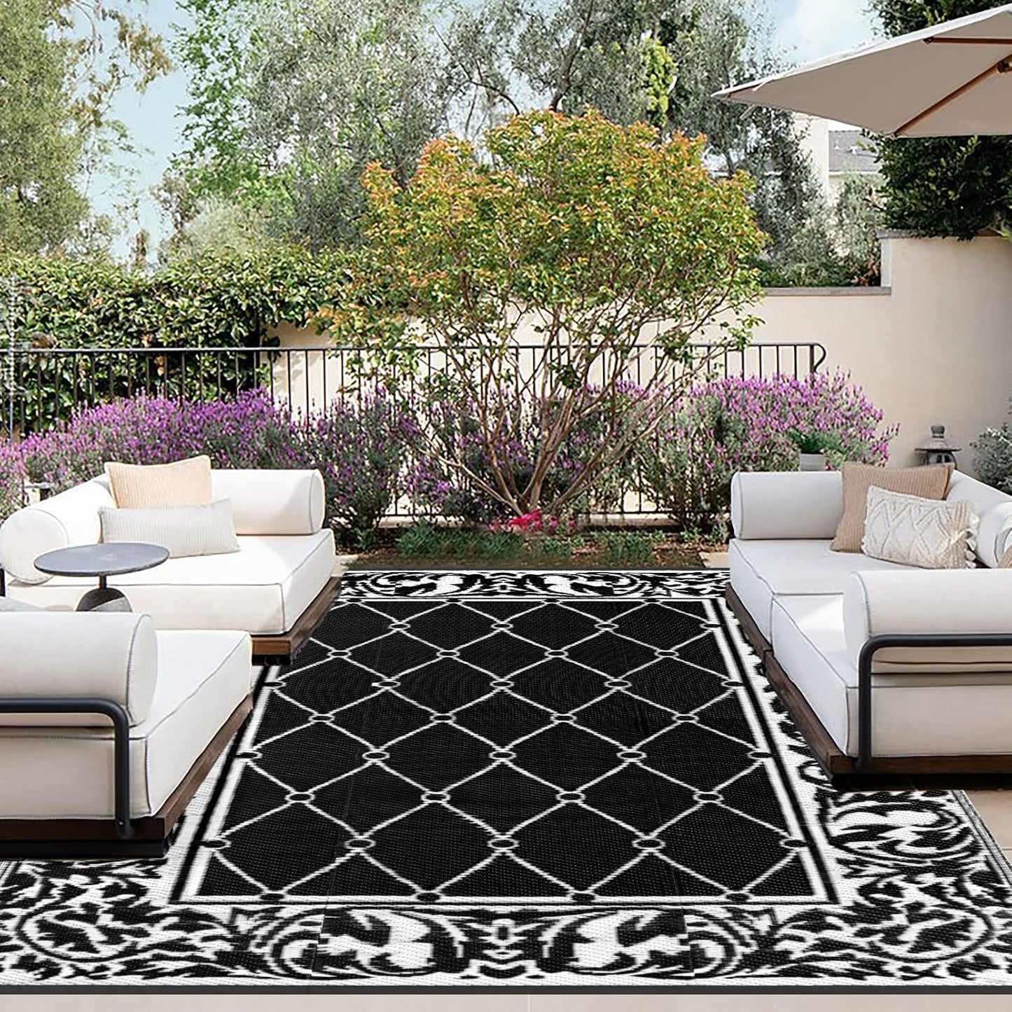 OutdoorLines Indoor Outdoor Rugs for Patio 5x8 ft - Reversible Outside Carpet, Stain & UV Resistant Portable RV Mats, Plastic Straw Rug for Camping, Pool Deck, Porch Rhombus Black & White