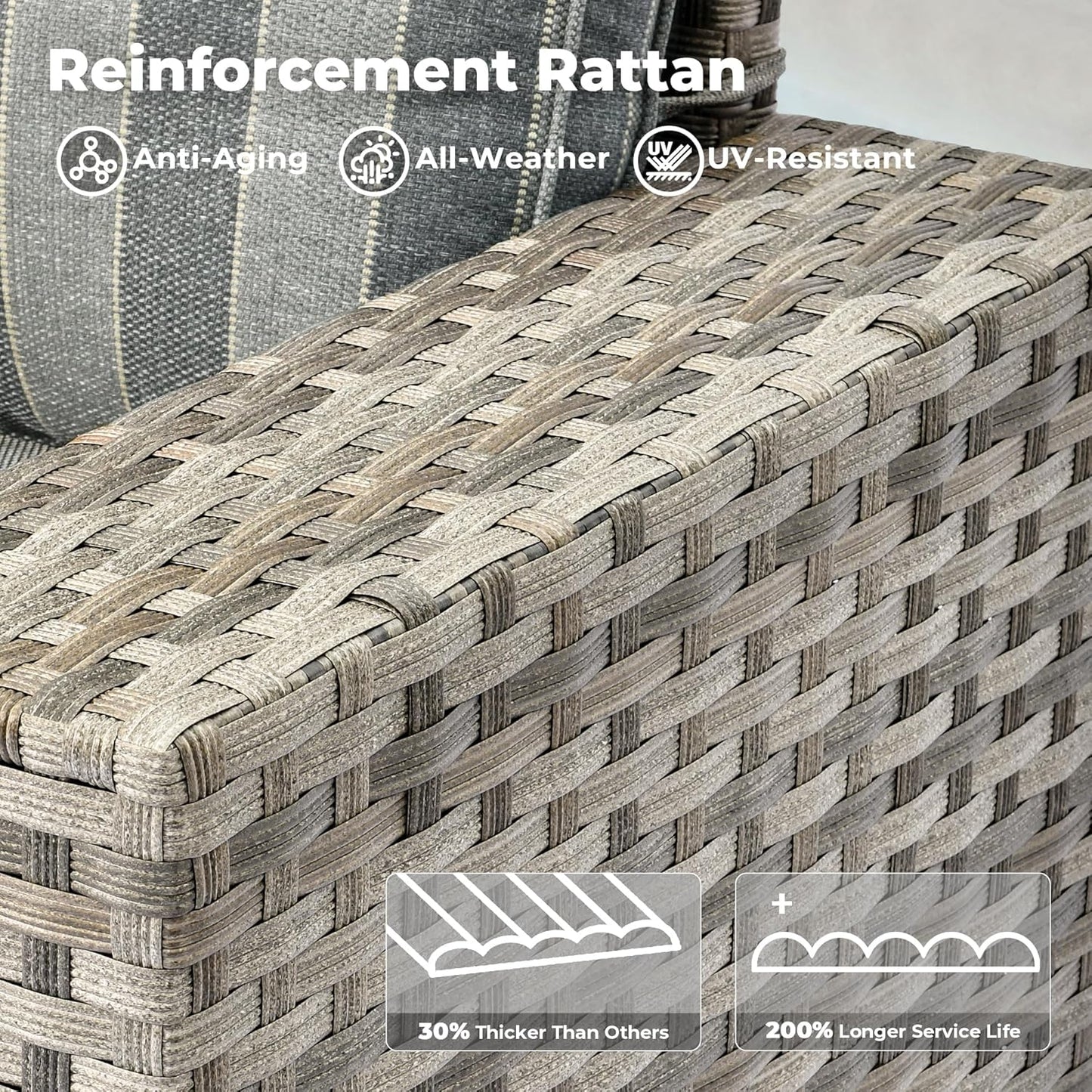 ovios 7 Pieces Patio Furniture Set, Outdoor Wicker Sectional Sofa with 42 Inch Fire Pit Table Comfy Cushions, Modern Modular Deep Seat Rattan Couch Conversation Set, Dark Gray Stripe