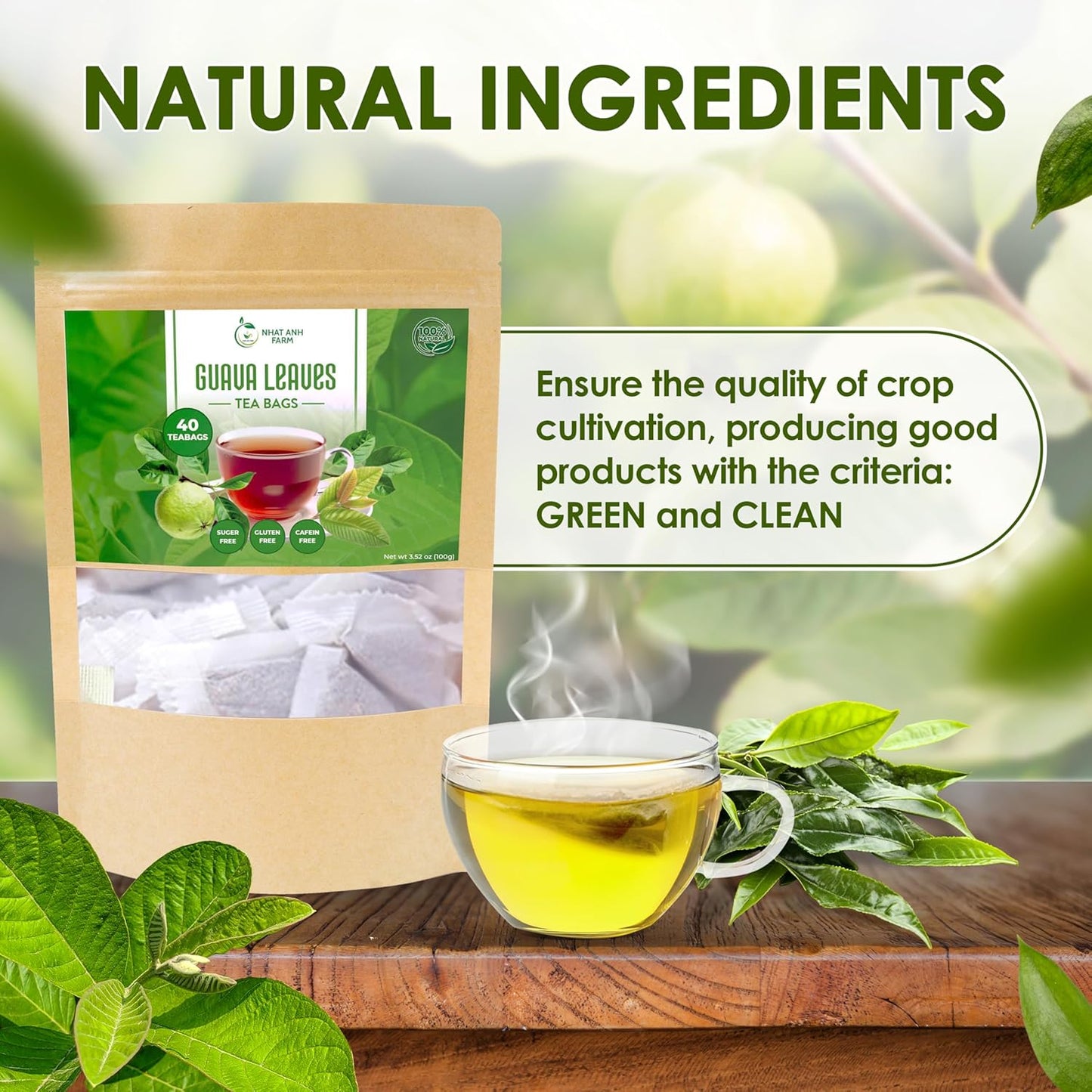 NHAT ANH FARM - Premium Guava Tea Bags - Dried Guava Leaves 40 Tea Bags, 2.5g/bag) - 100% Natural And Pure, Sugar/Caffeine/Gluten Free. Good For Your Health