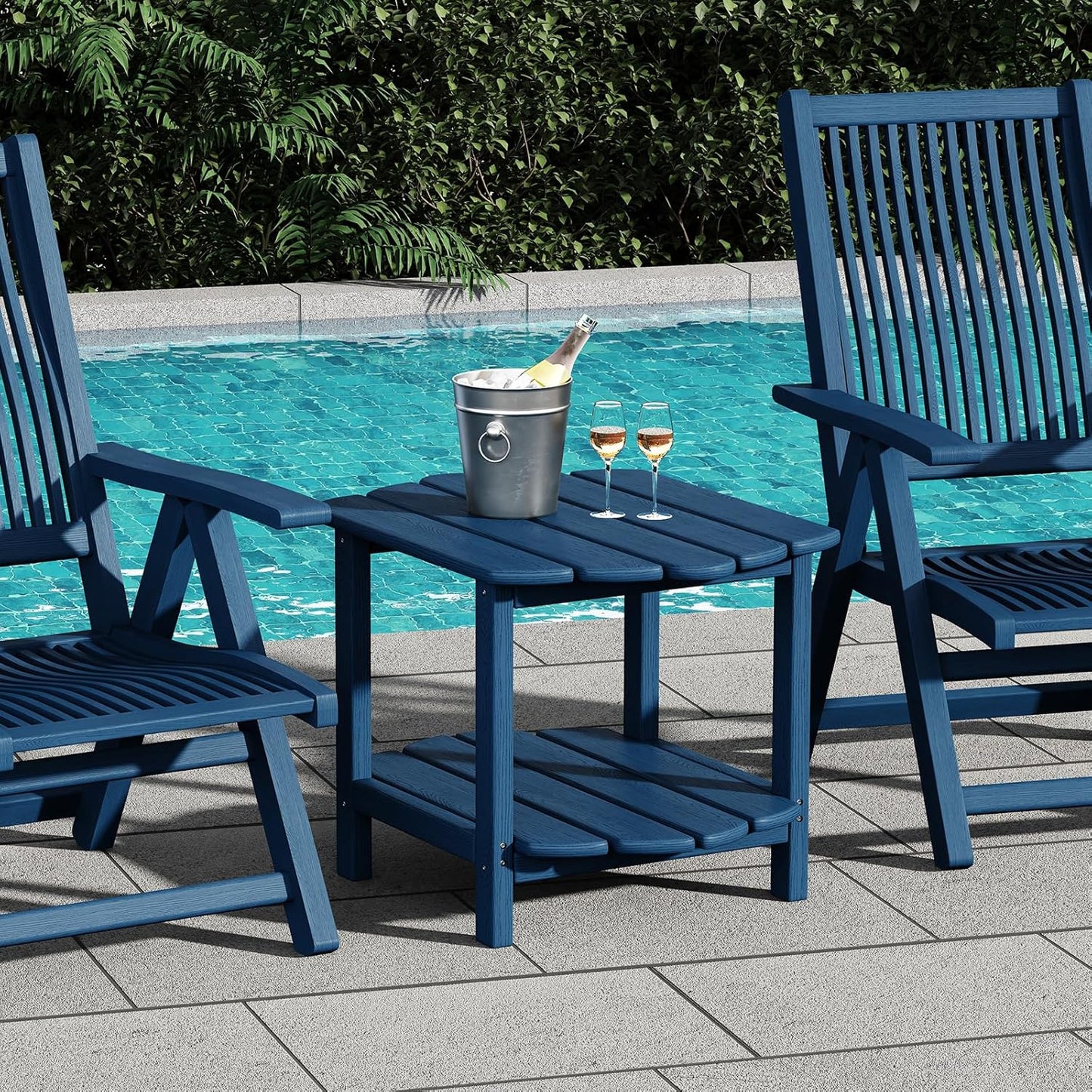 Small Outdoor Side Tables Modern 2-Tier Adirondack Table Rustic End Table HDPE Storage Shelf Industrial Corner Rectangle Coffee Table for Patio Garden Balcony Backyard Pool Farmhouse Home Blue