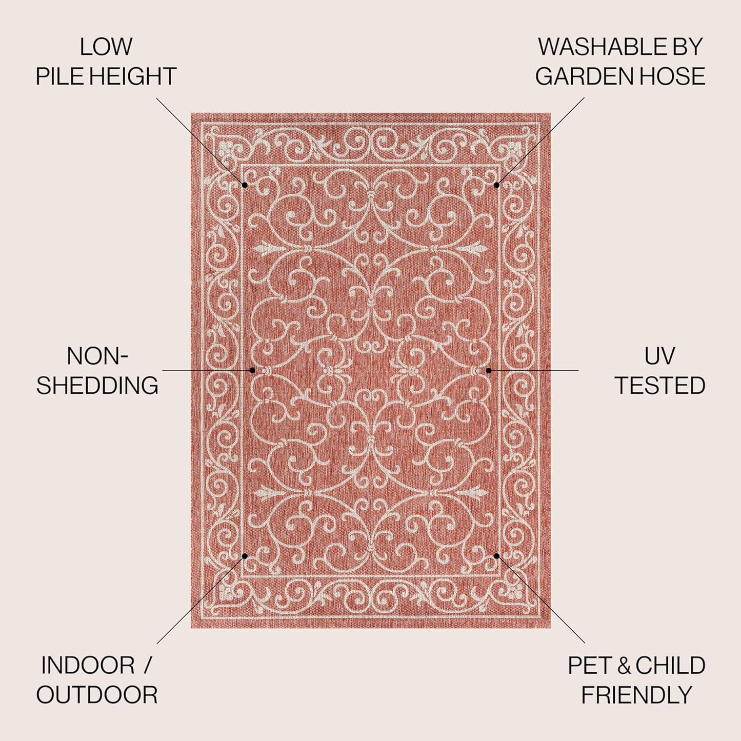 JONATHAN Y SMB106B-9SQ Charleston Vintage Filigree Textured Weave Red/Beige 9' Square Indoor/Outdoor Area Rug, Pet Friendly, Non-Shedding, Stain Resistant, Easy-Cleaning for Backyard, Patio, Porch