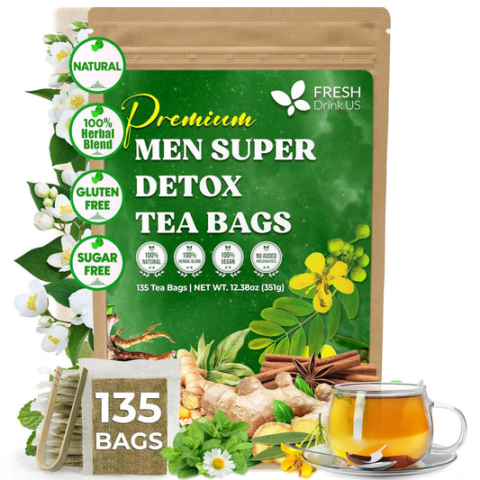 FreshDrinkUS, Premium 135 Tea Bags Men Super Detox Tea – Herbal Blend with Senna, Dandelion Root, Ginger, Peppermint & More – 100% Natural, Sugar-Free. Caffeine-Free. Gluten-Free. Vegan