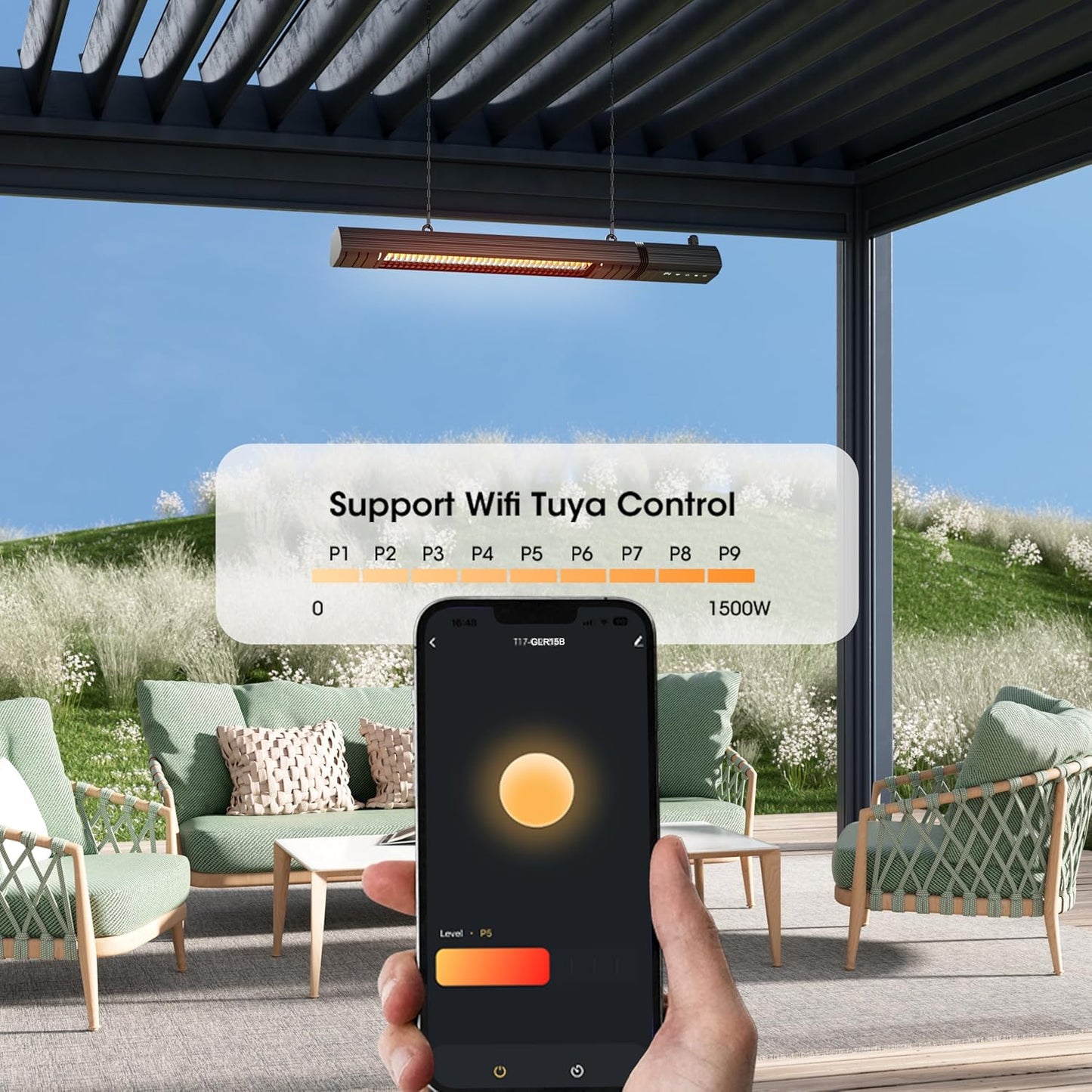 Ceiling Electric Outdoor Heater Wall-Mounted Hanging Patio 1500W Infrared 9 Heat Levels, 24H Timers, 1s Heating Carbon Fiber Tube Wall Heater for Gazebo, Balcony